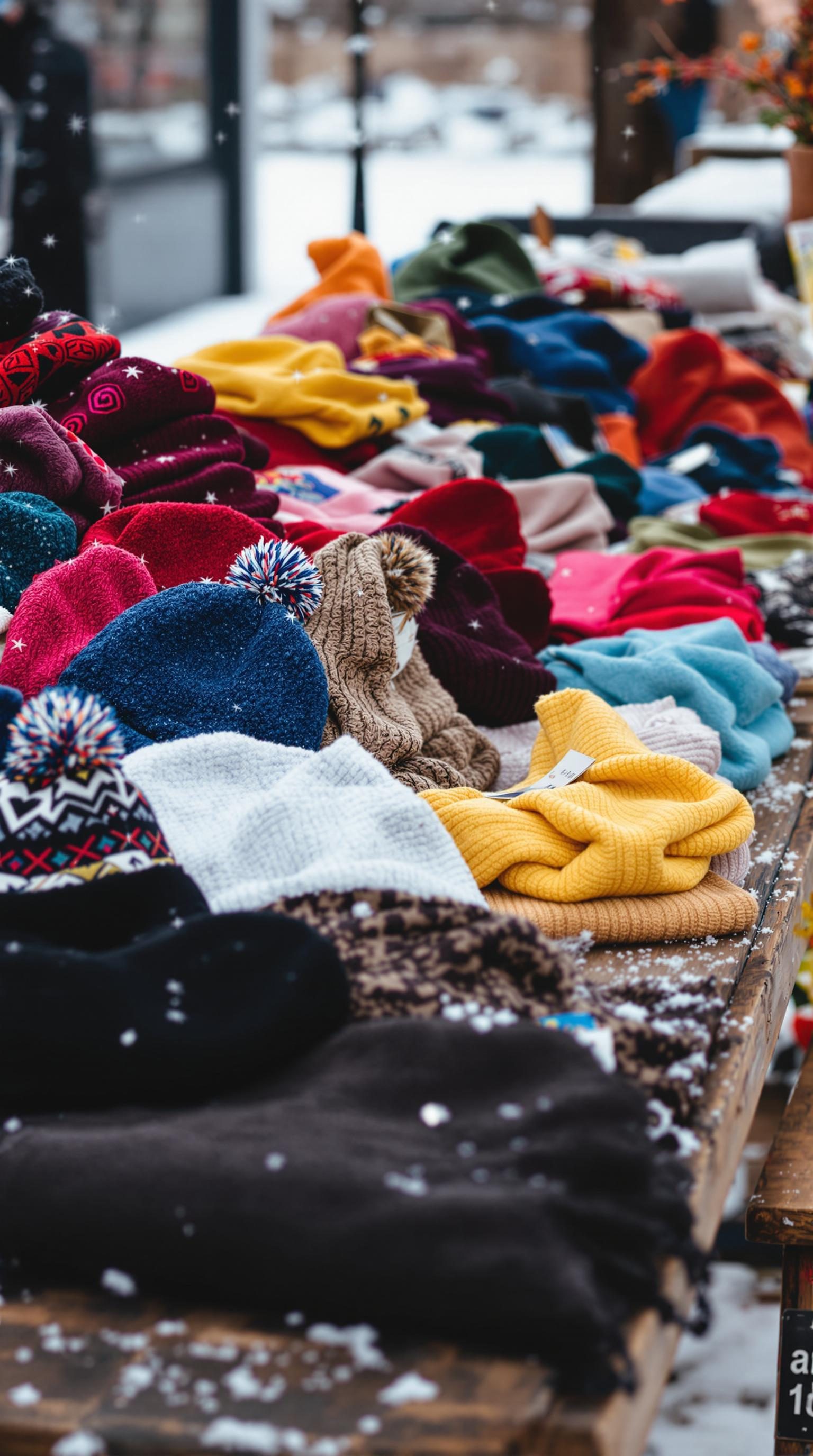 A colorful display of various beanies and scarves on a table during winter.