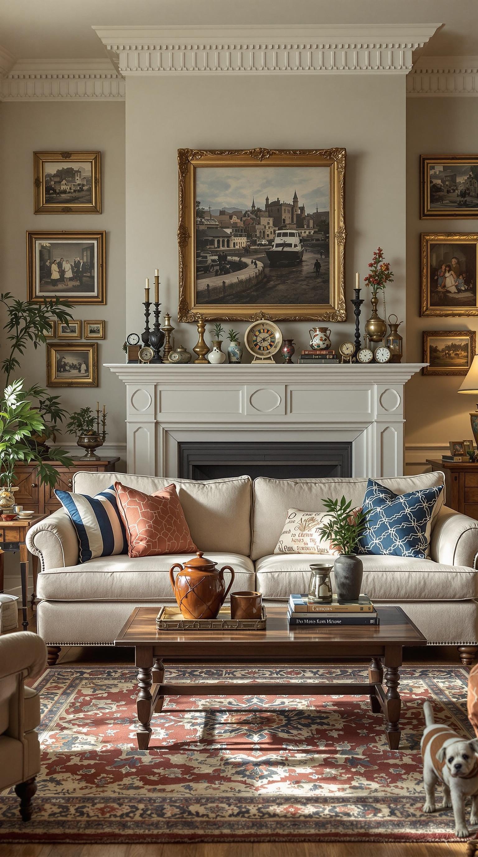 A warm living room featuring a beige sofa, vintage decorations, and a cozy atmosphere.