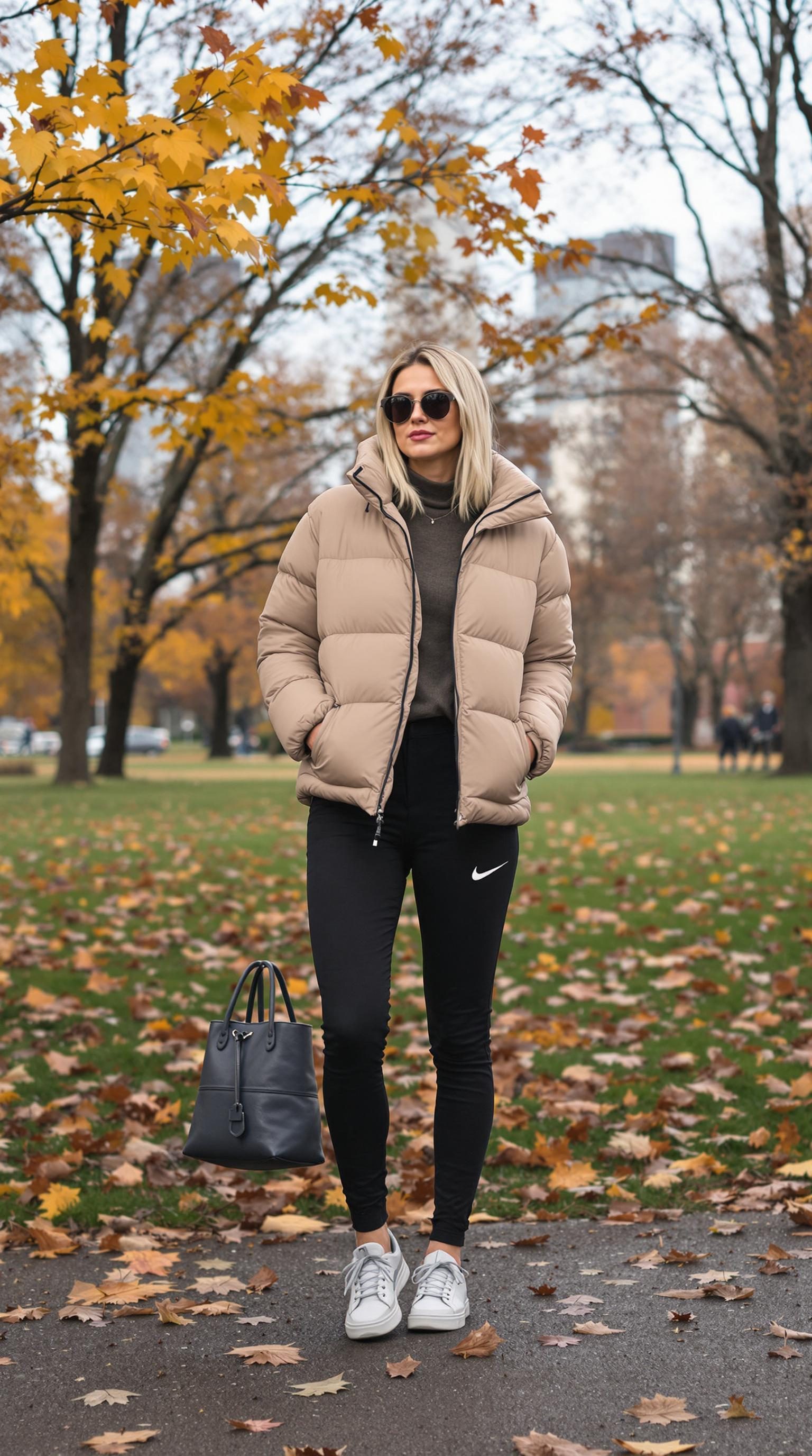 A woman in a puffer jacket, black leggings, and white sneakers, surrounded by autumn leaves.