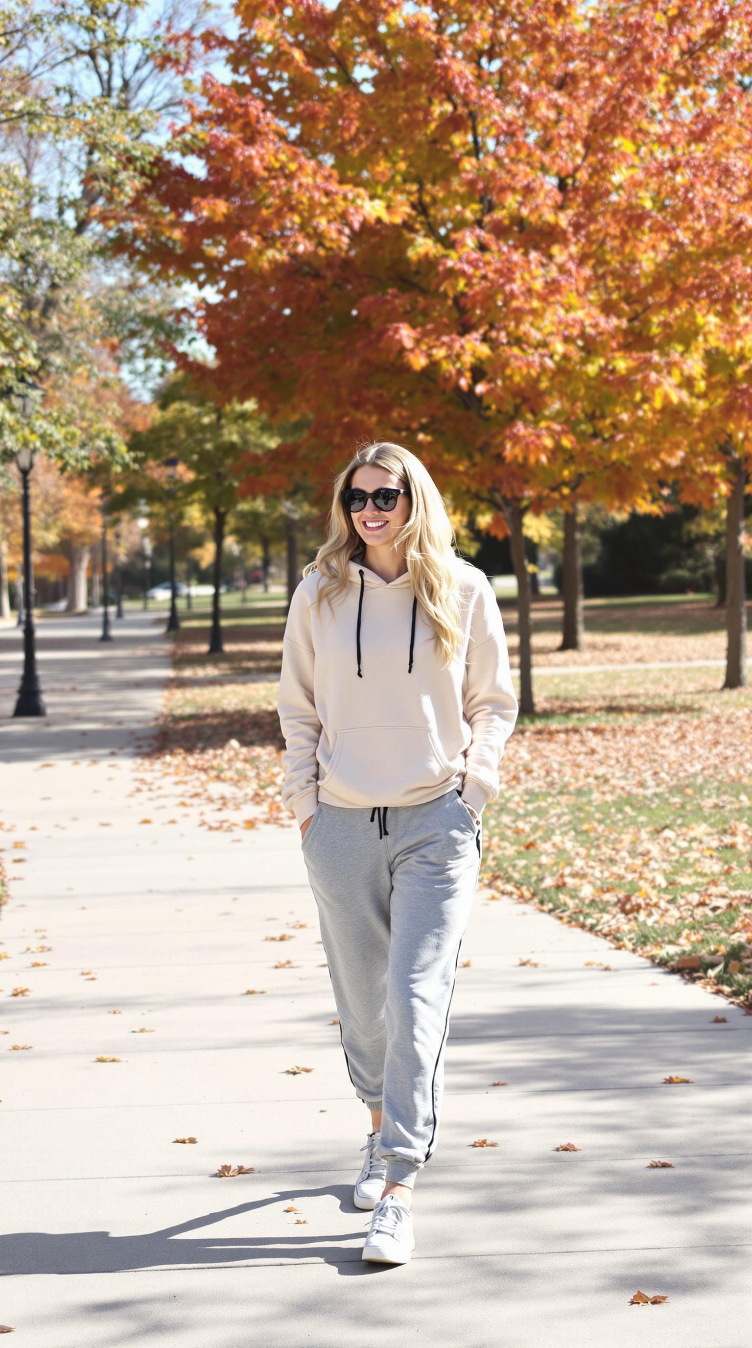 A woman walking in a casual hoodie and joggers among autumn trees