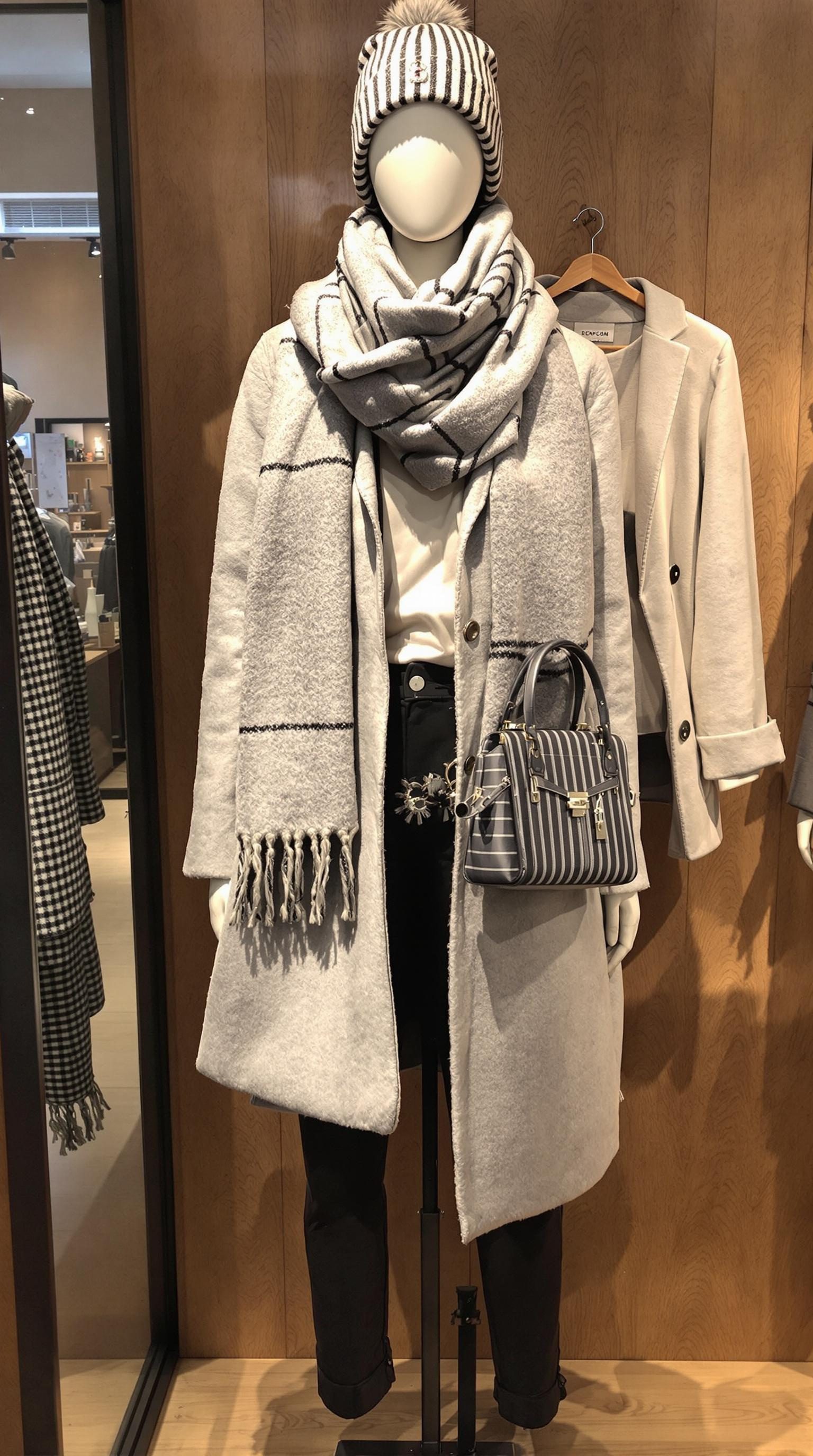 Monochrome winter outfit featuring a gray coat, white top, striped scarf, beanie, and black pants.