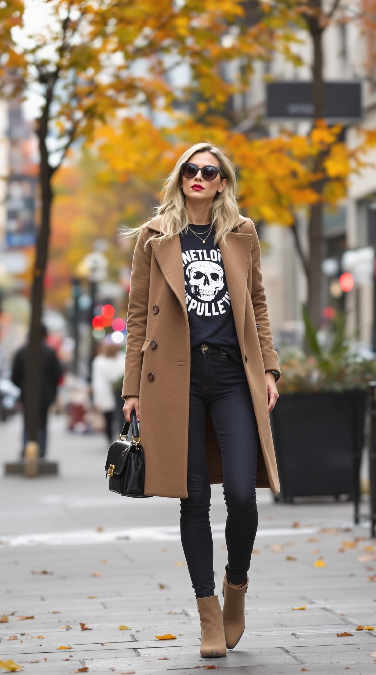 Woman in a chic wool coat over a graphic tee, walking in an autumn setting with yellow leaves.