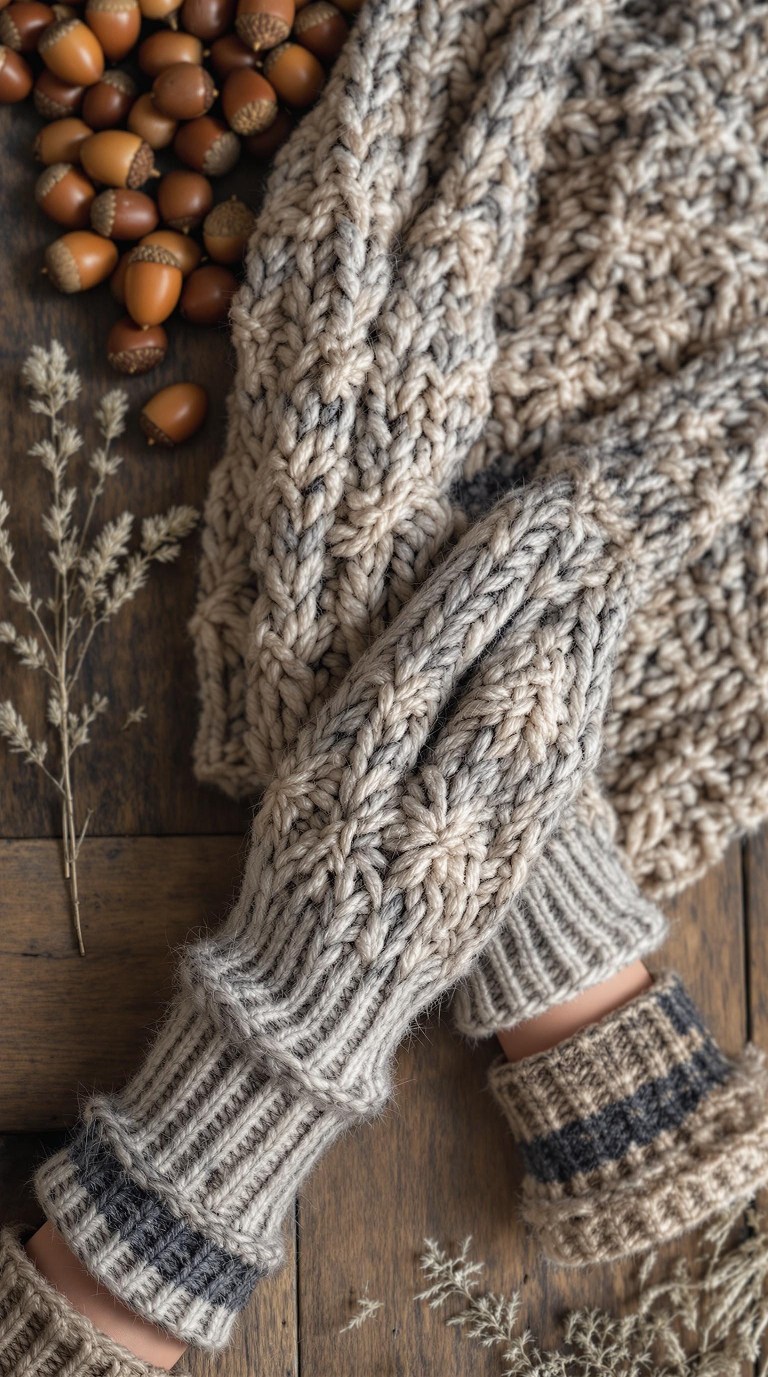 A cozy pair of chunky knit gloves and scarf surrounded by acorns and dried flowers on a wooden surface.