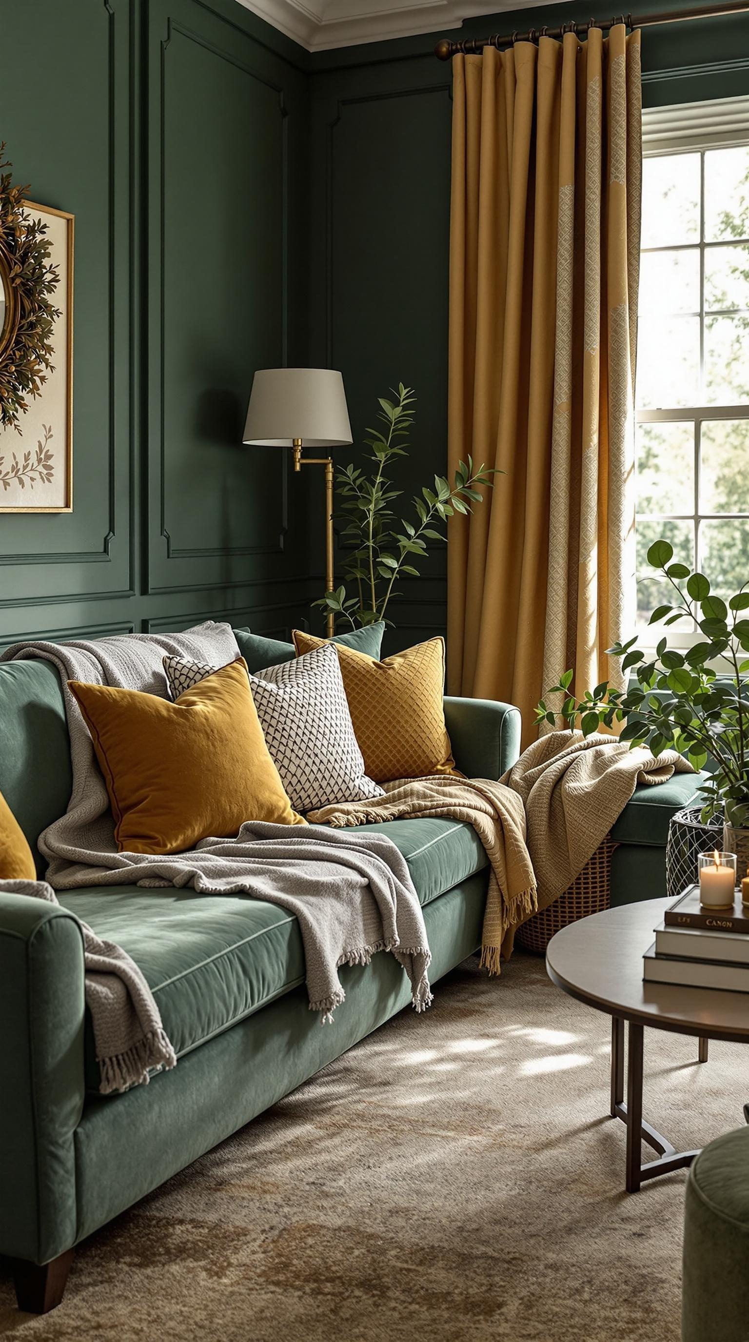 Cozy living room featuring deep green walls, a green sofa with mustard pillows, and warm textures.