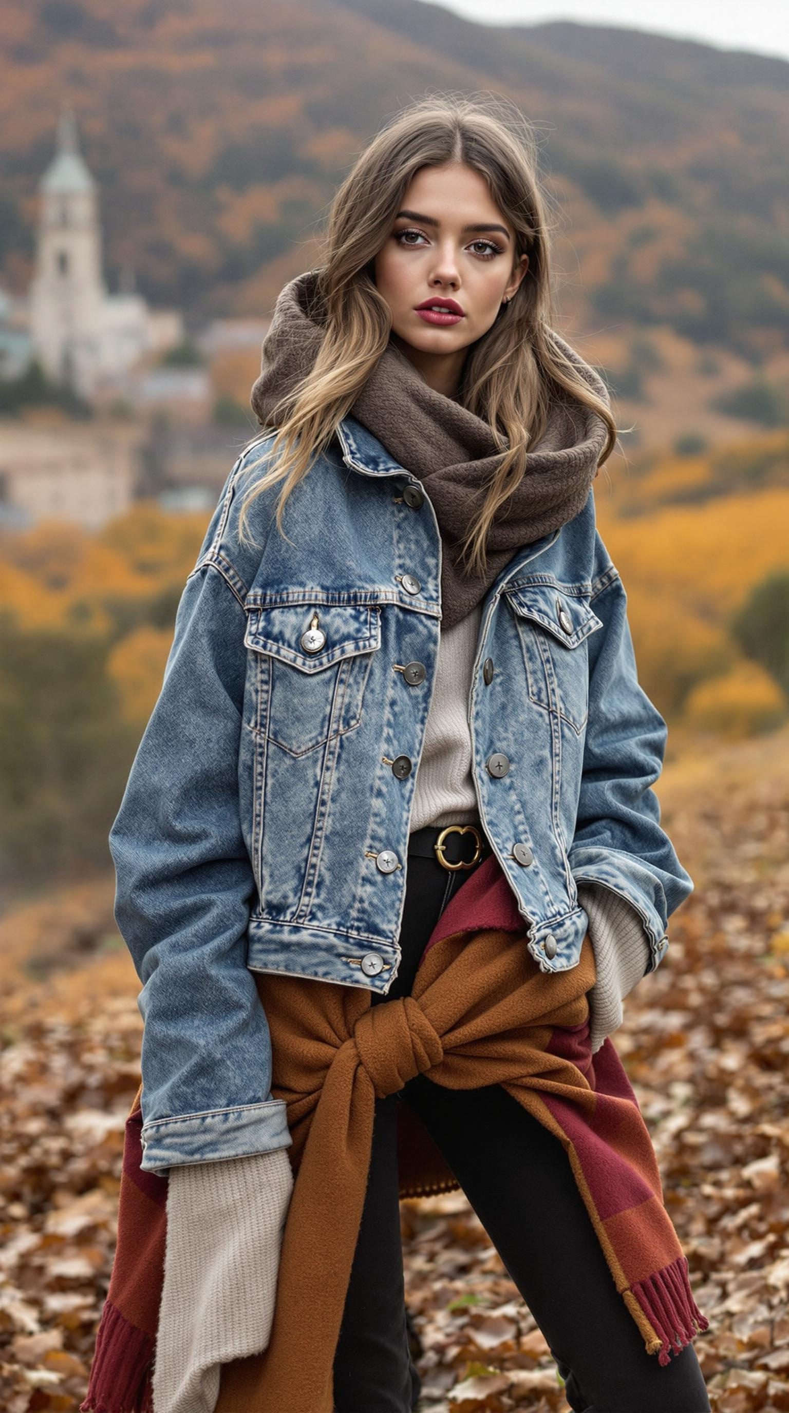 A model wearing a classic denim jacket layered with a sweater and scarf, set against a scenic fall backdrop.