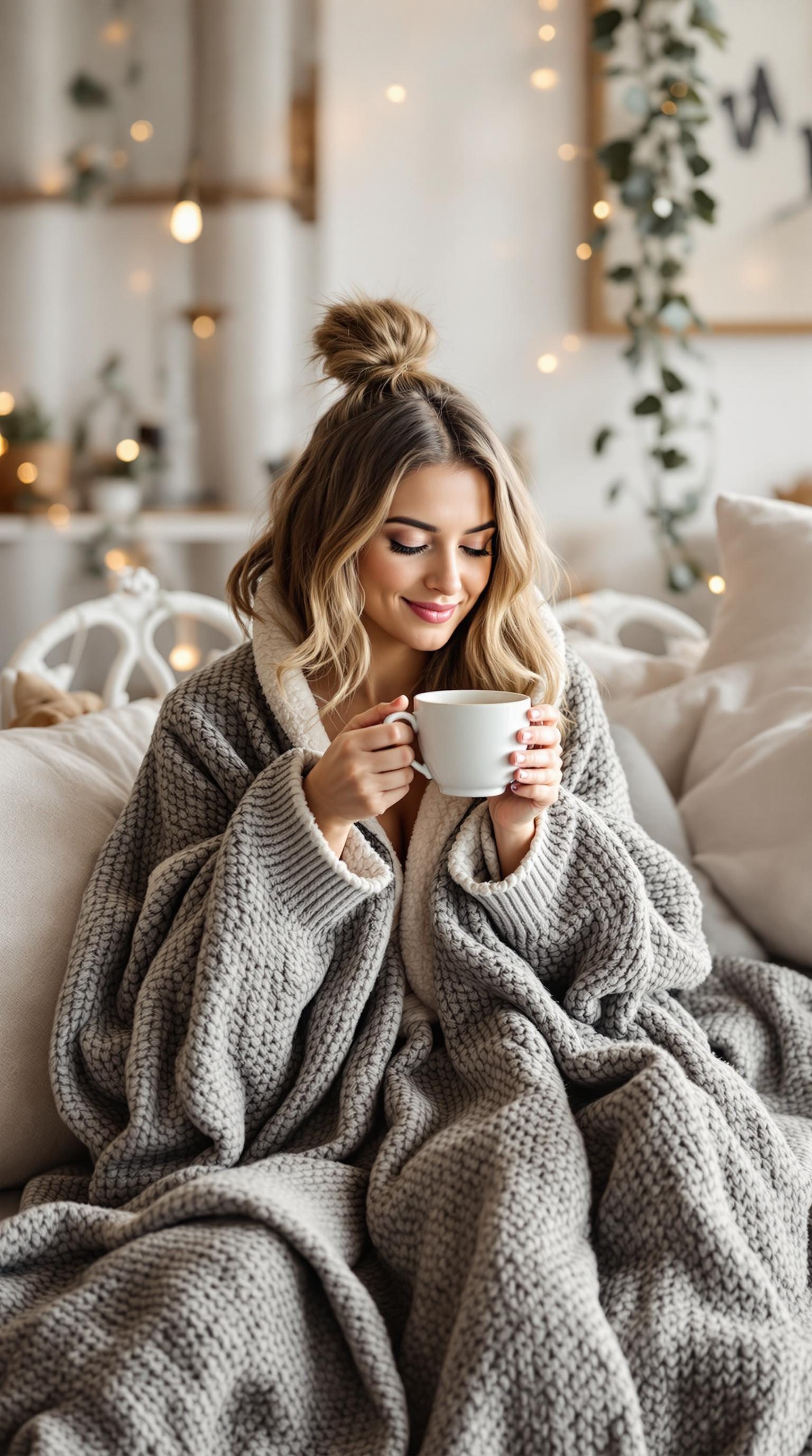 A woman in a cozy oversized gray robe holding a white mug, sitting on a couch with a warm and inviting atmosphere.