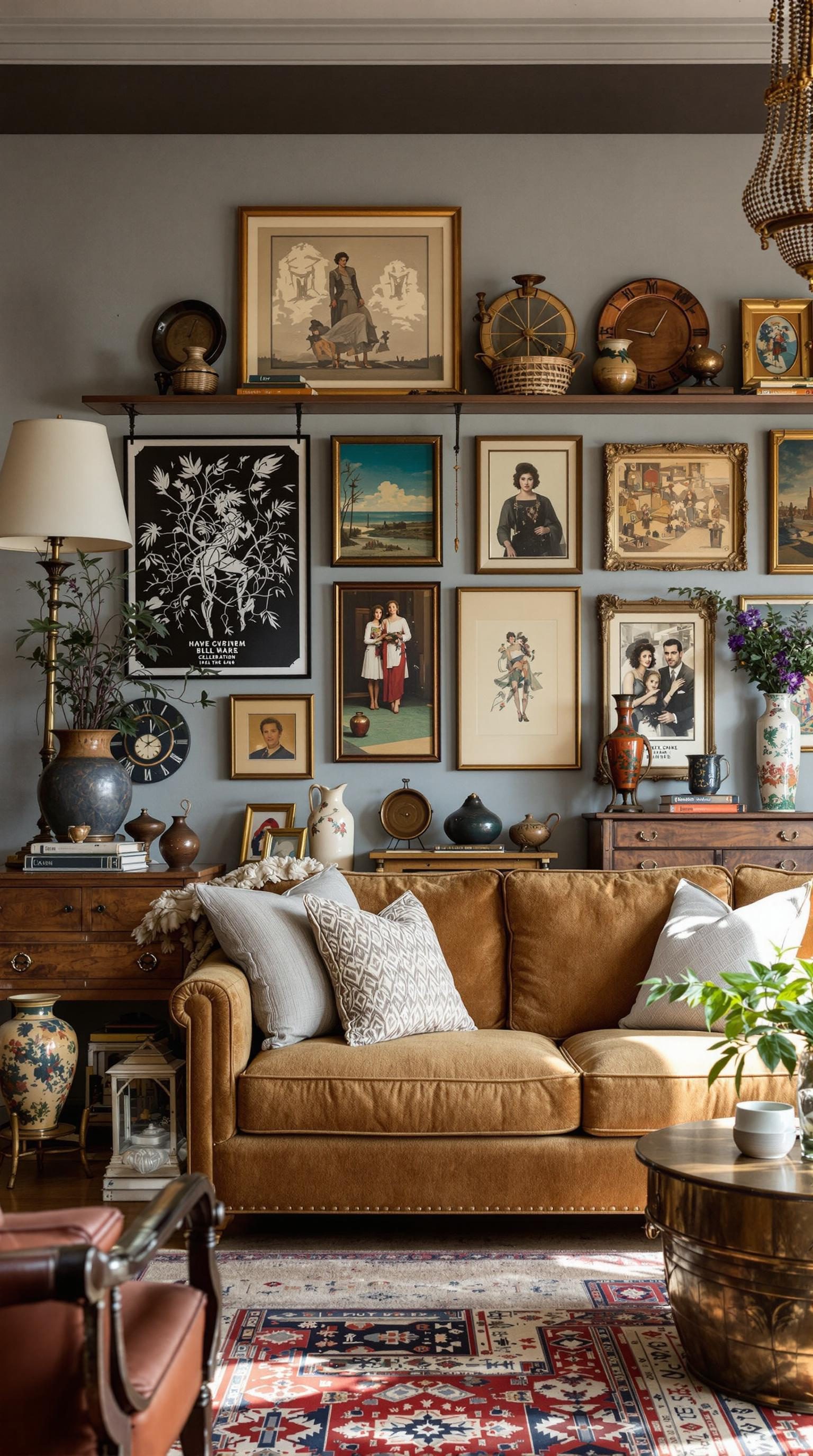 A cozy living room with vintage decor, including a brown sofa, various framed artworks, and decorative accents.