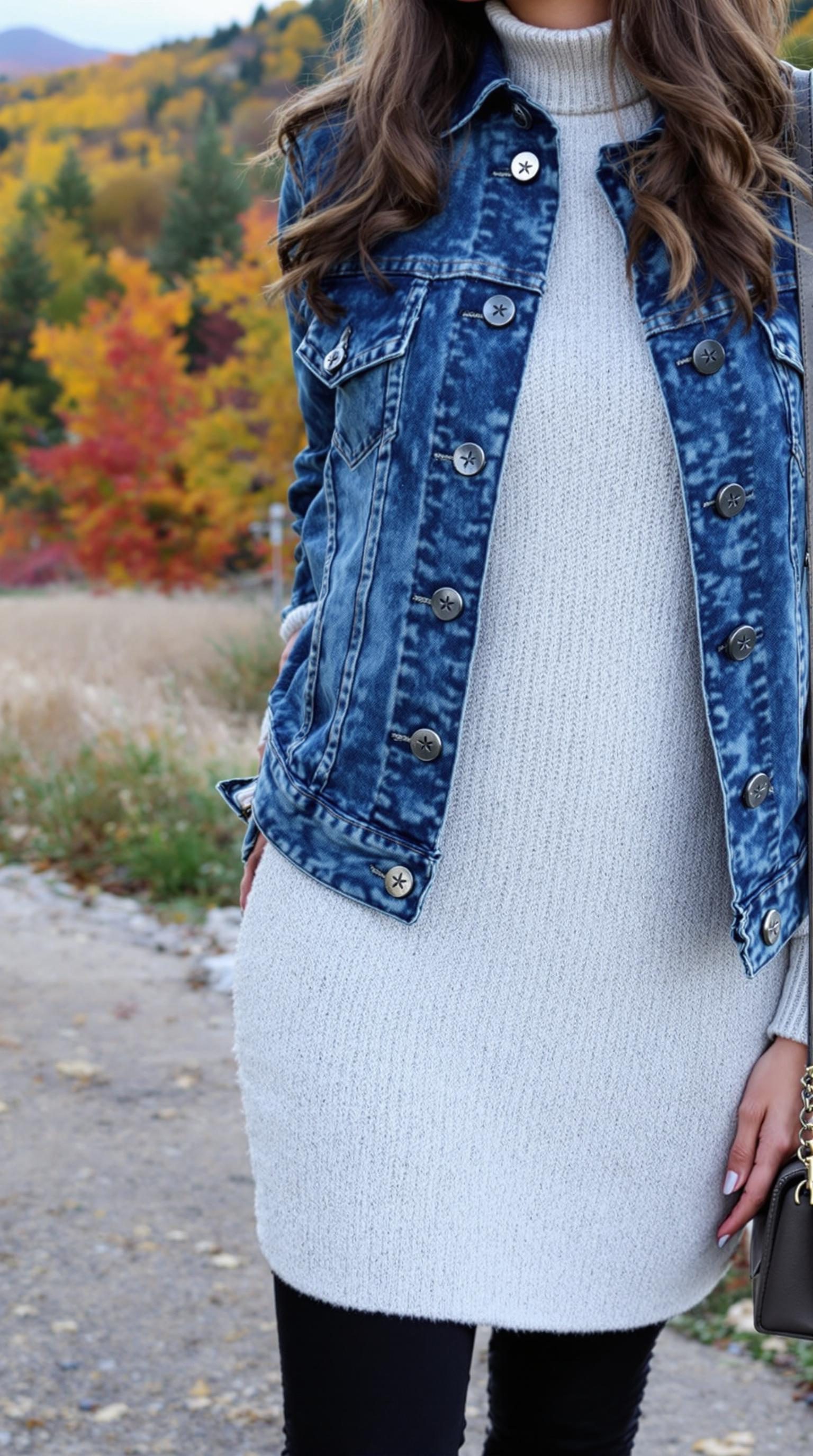 A woman wearing a denim jacket over a light gray sweater dress, set against a background of colorful autumn trees.