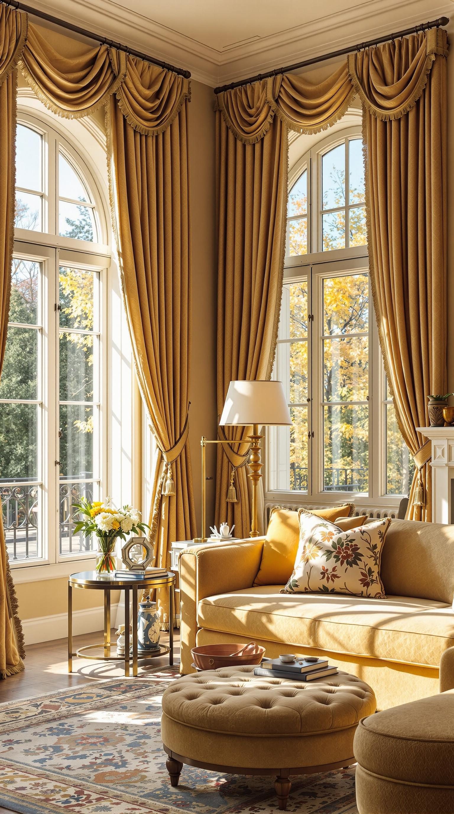 Luxurious living room featuring elegant drapery and window treatments.