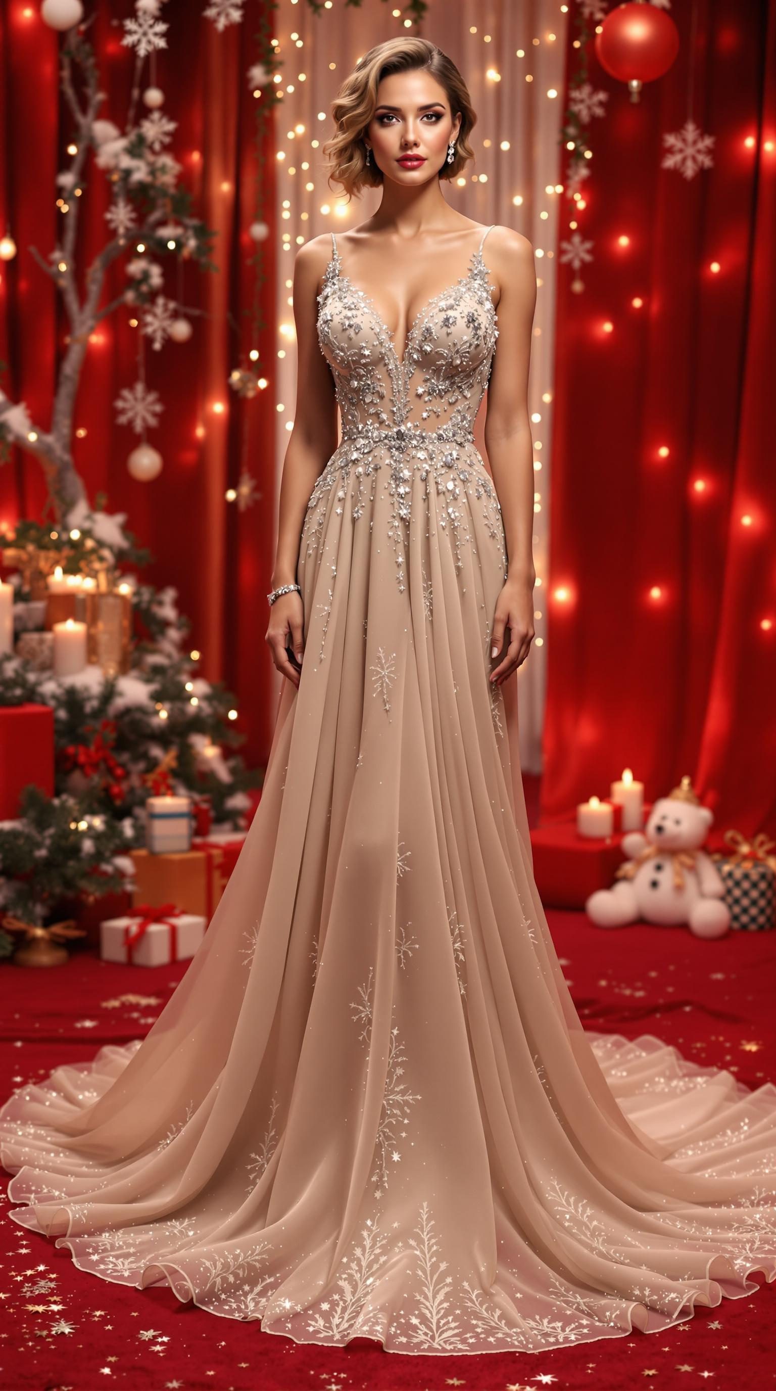 A beautiful woman in a stunning evening gown, standing in a festive setting with holiday decorations.