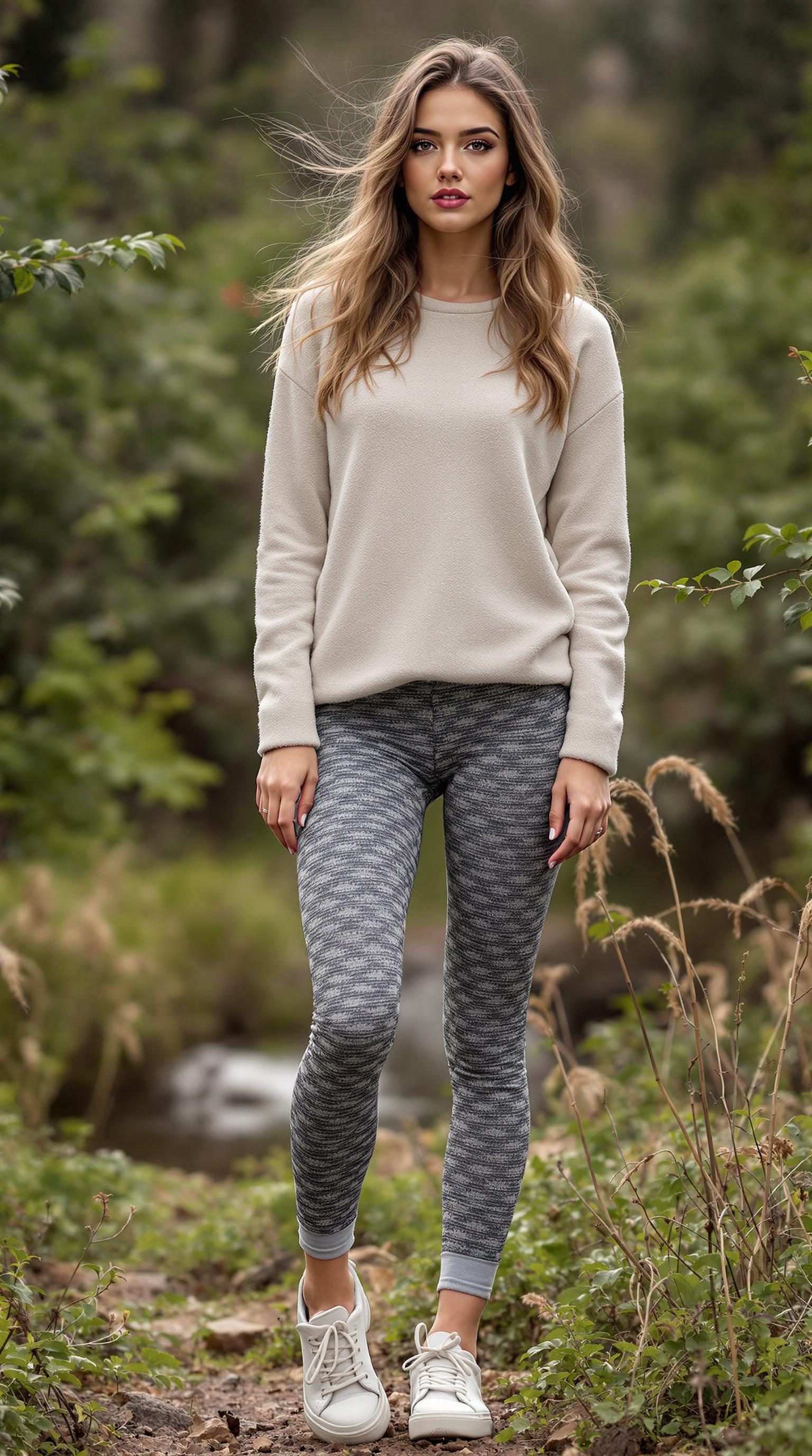 A woman wearing fleece-lined leggings and a cozy top, standing in a natural outdoor setting.