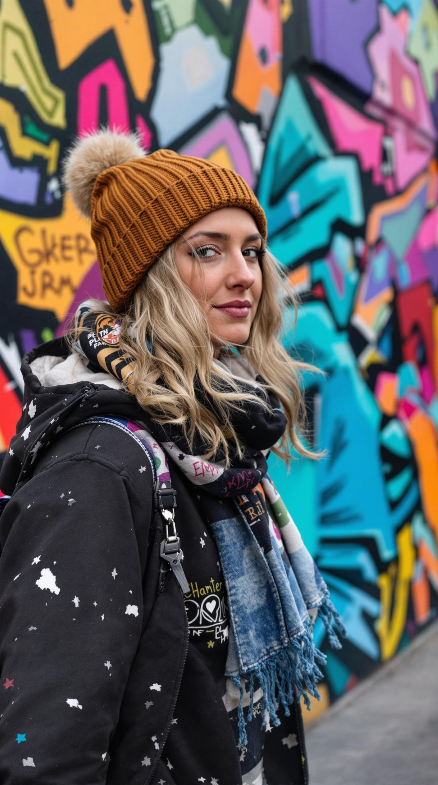 A woman wearing a knitted beanie and a black star-patterned jacket stands against a colorful graffiti wall.