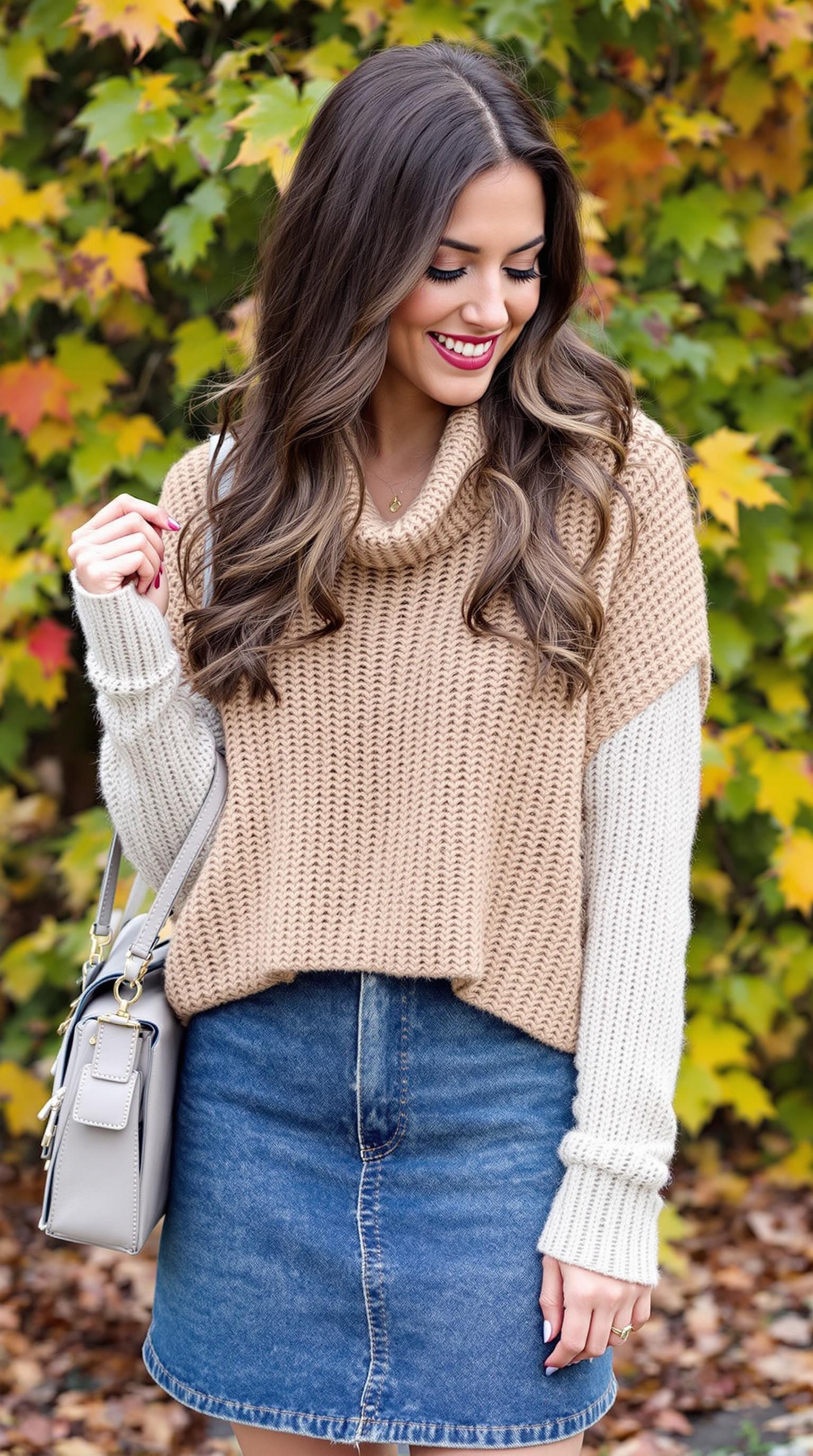 A woman wearing a layered knit sweater with a denim skirt, smiling against a backdrop of autumn leaves.