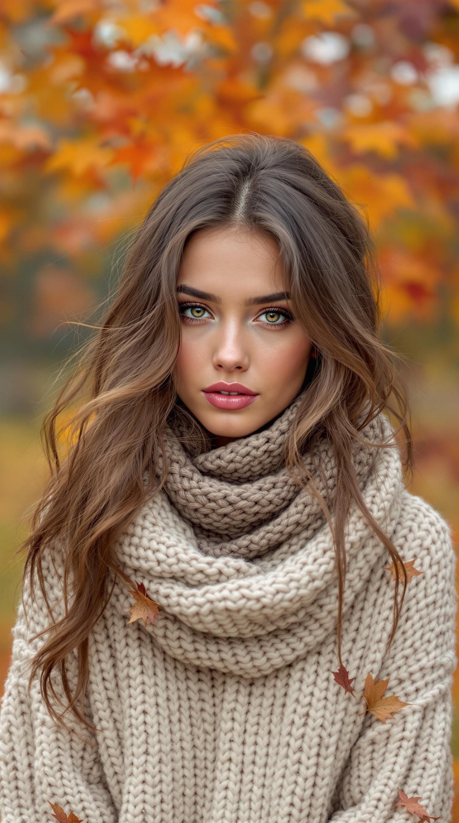 A model wearing a chunky knit sweater and scarf in an autumn setting with colorful leaves.