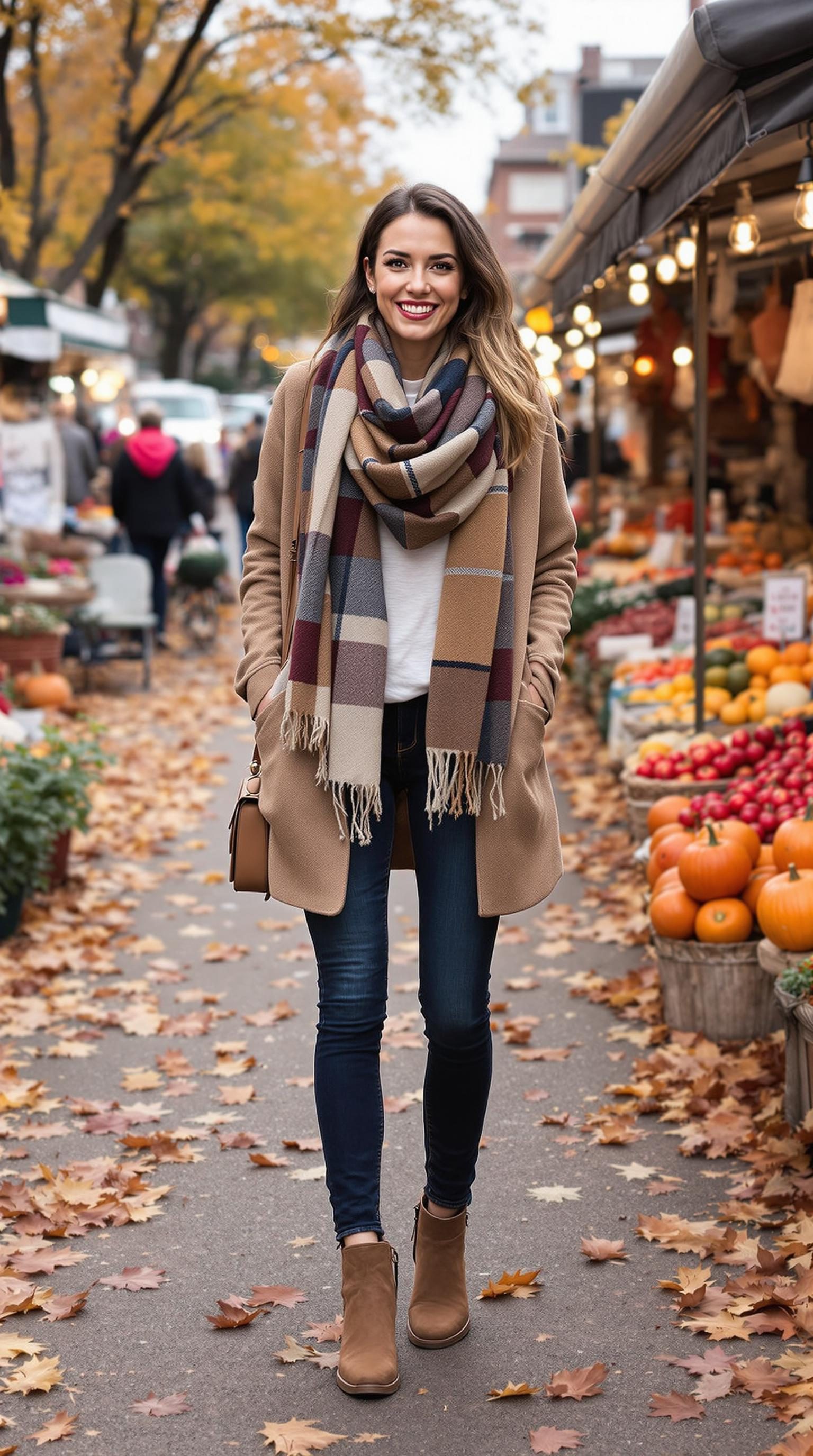 A woman in a cozy beige scarf and coat, wearing skinny jeans and ankle boots, smiling in a fall market.