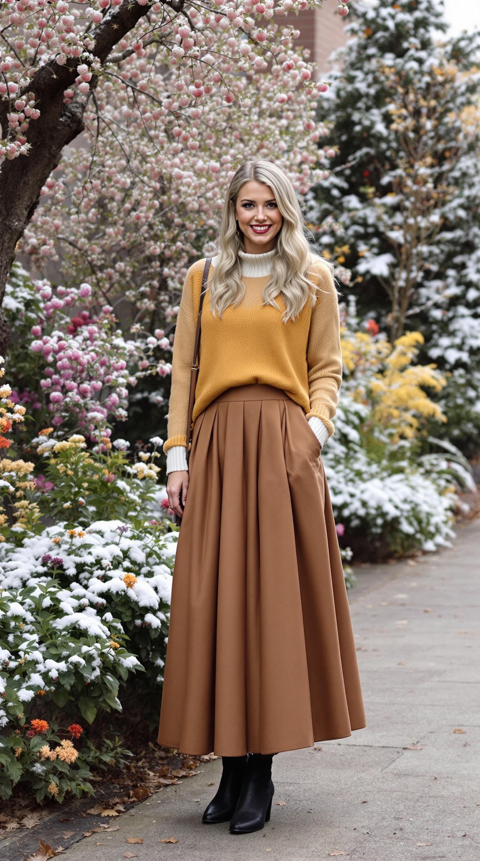 A woman wearing a brown layered skirt and mustard sweater stands in a garden with flowers and snow.