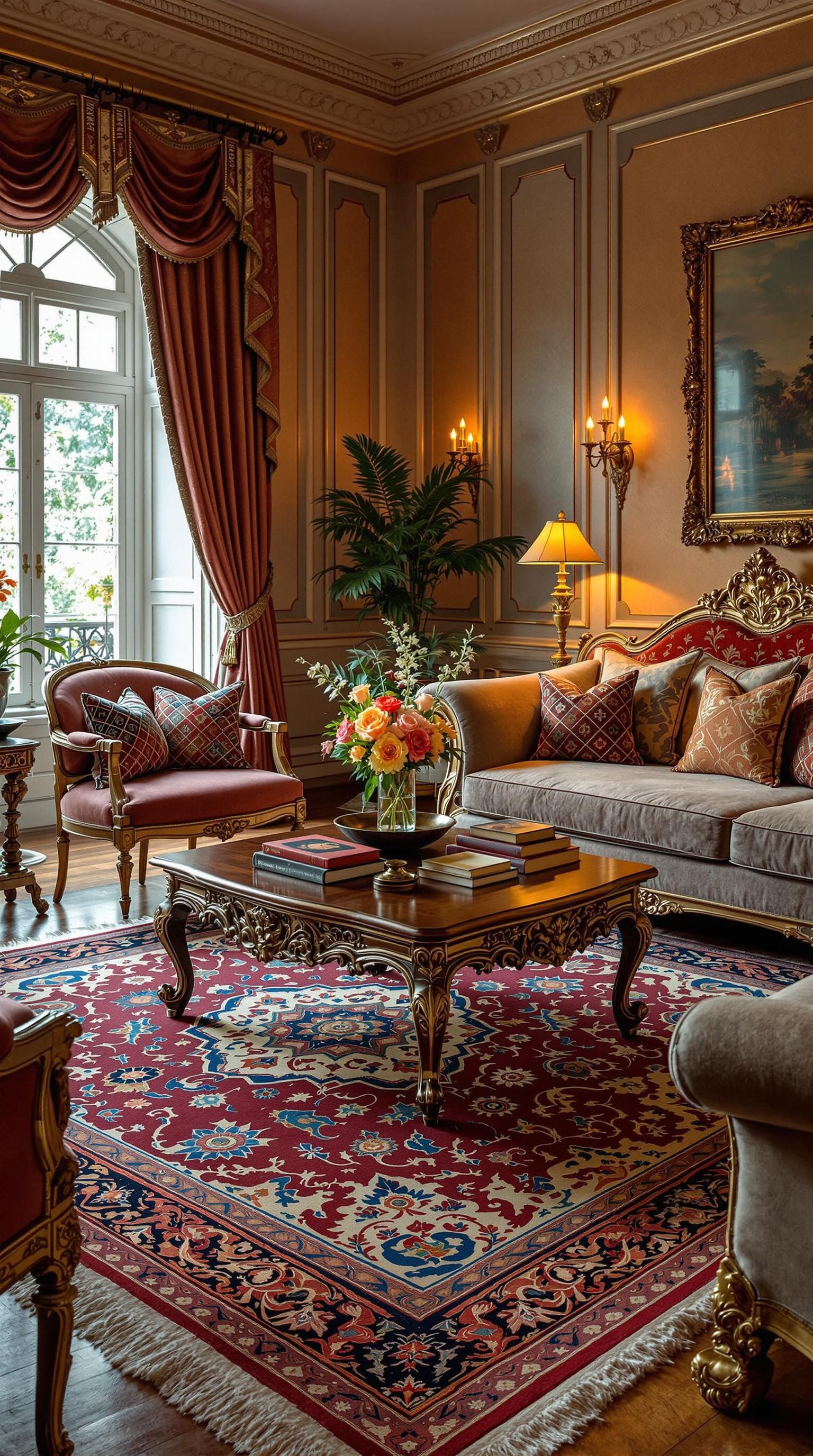 Luxurious living room with ornate area rug