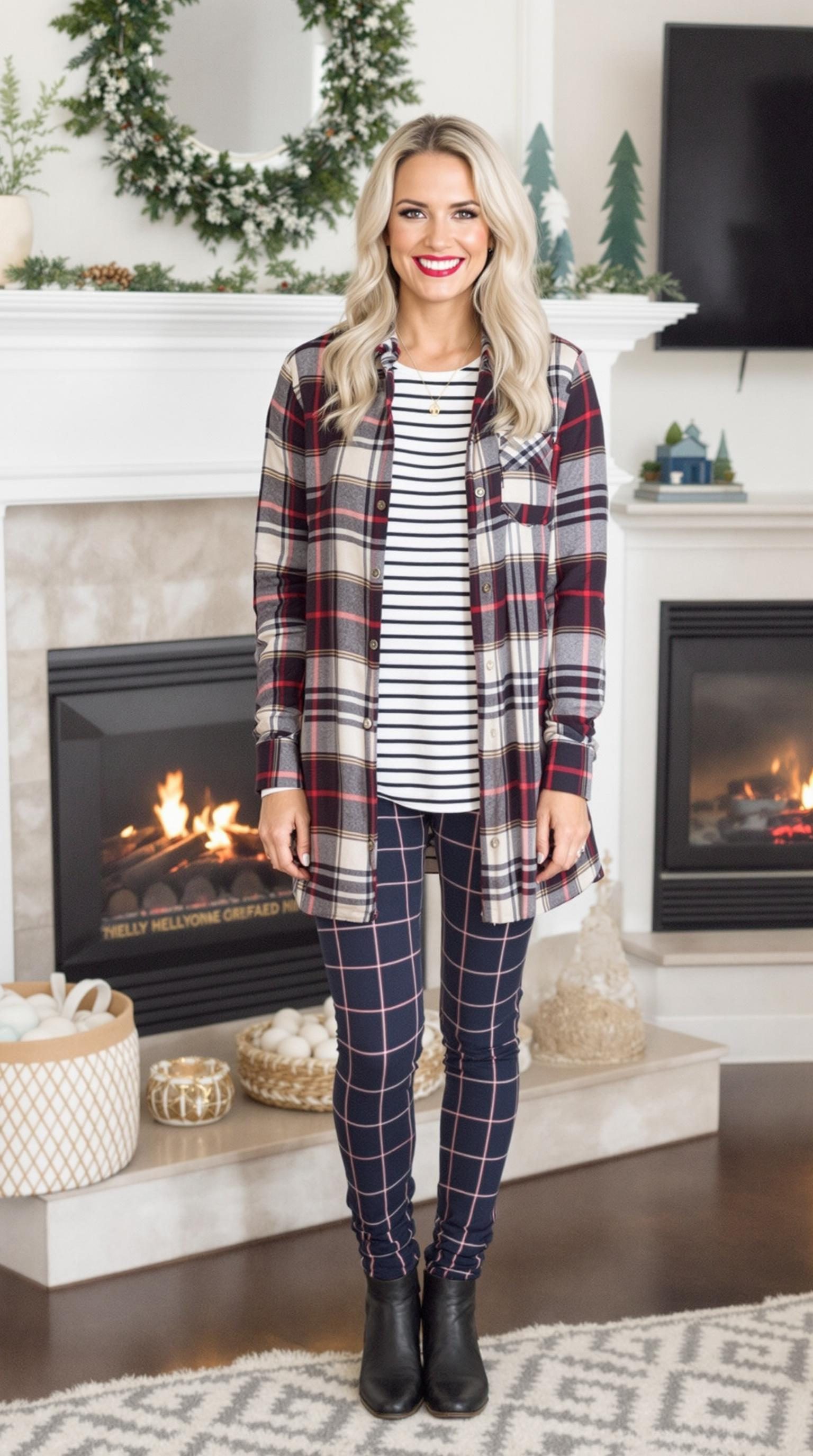 A woman wearing a plaid shirt over a striped top, paired with patterned leggings and black ankle boots, standing in a cozy indoor setting.