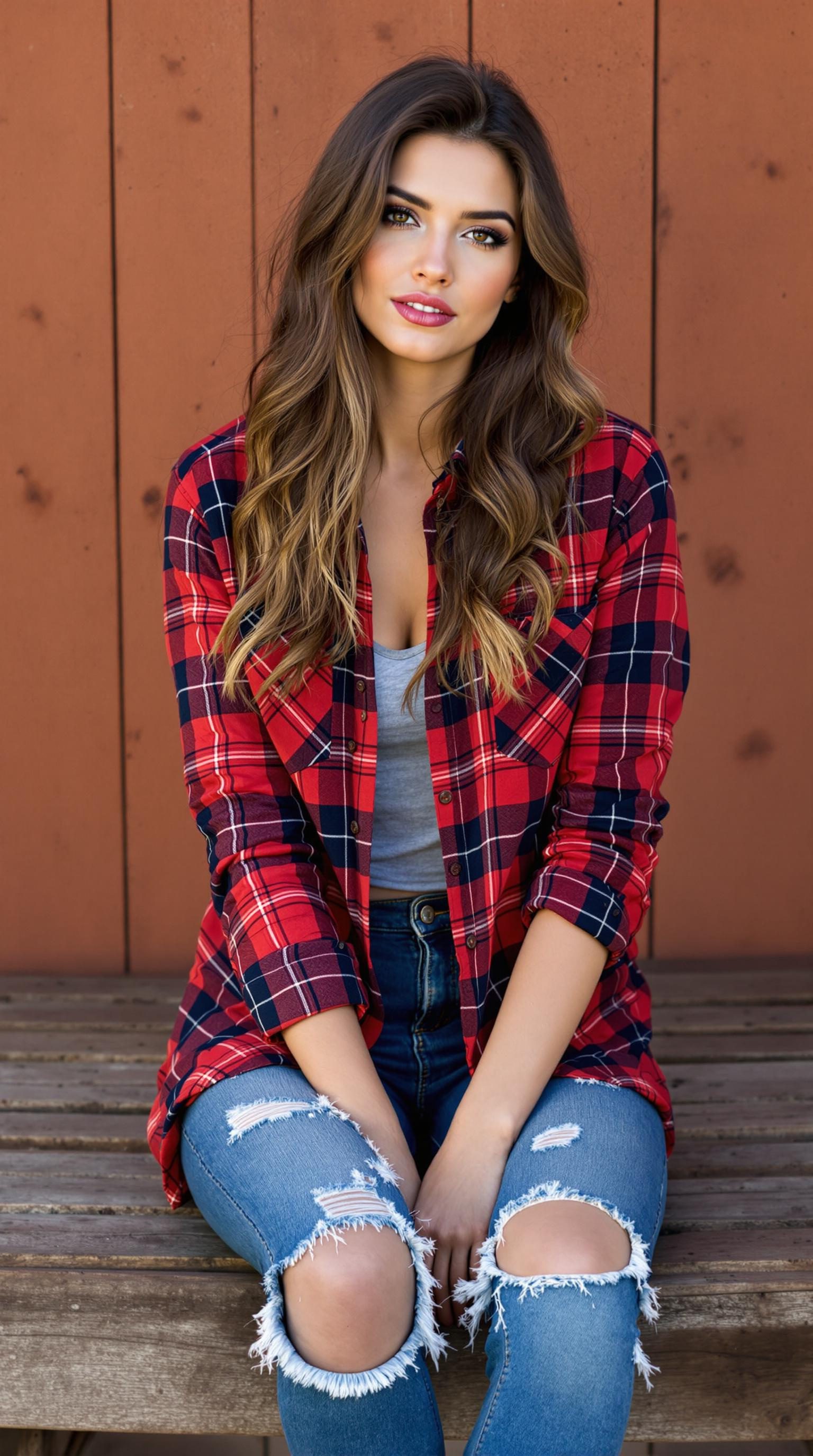 A young woman wearing a red and navy plaid flannel shirt with distressed jeans, sitting on a wooden bench.