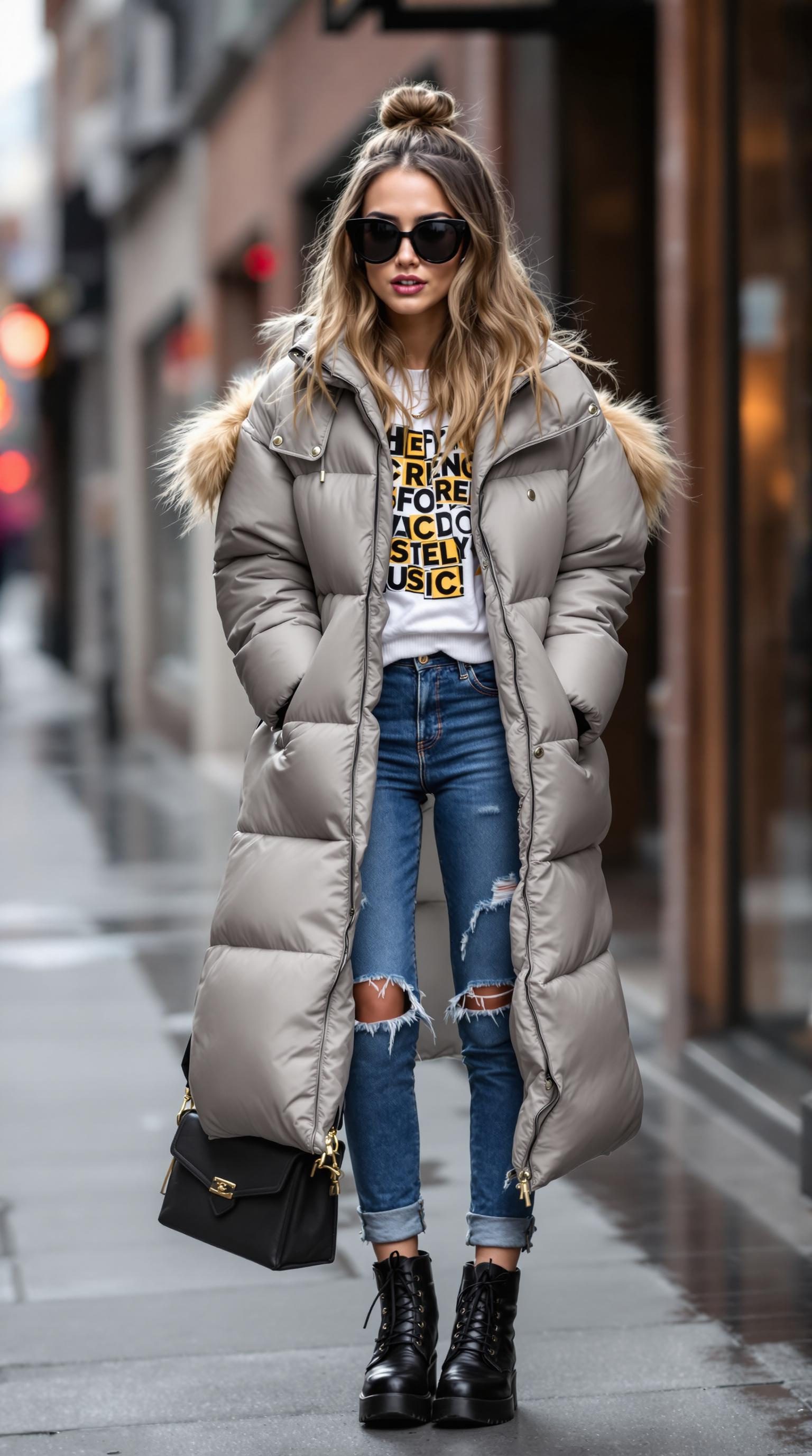 Stylish woman in a gray puffer jacket with a fur hood, graphic tee, ripped jeans, and chunky black boots.