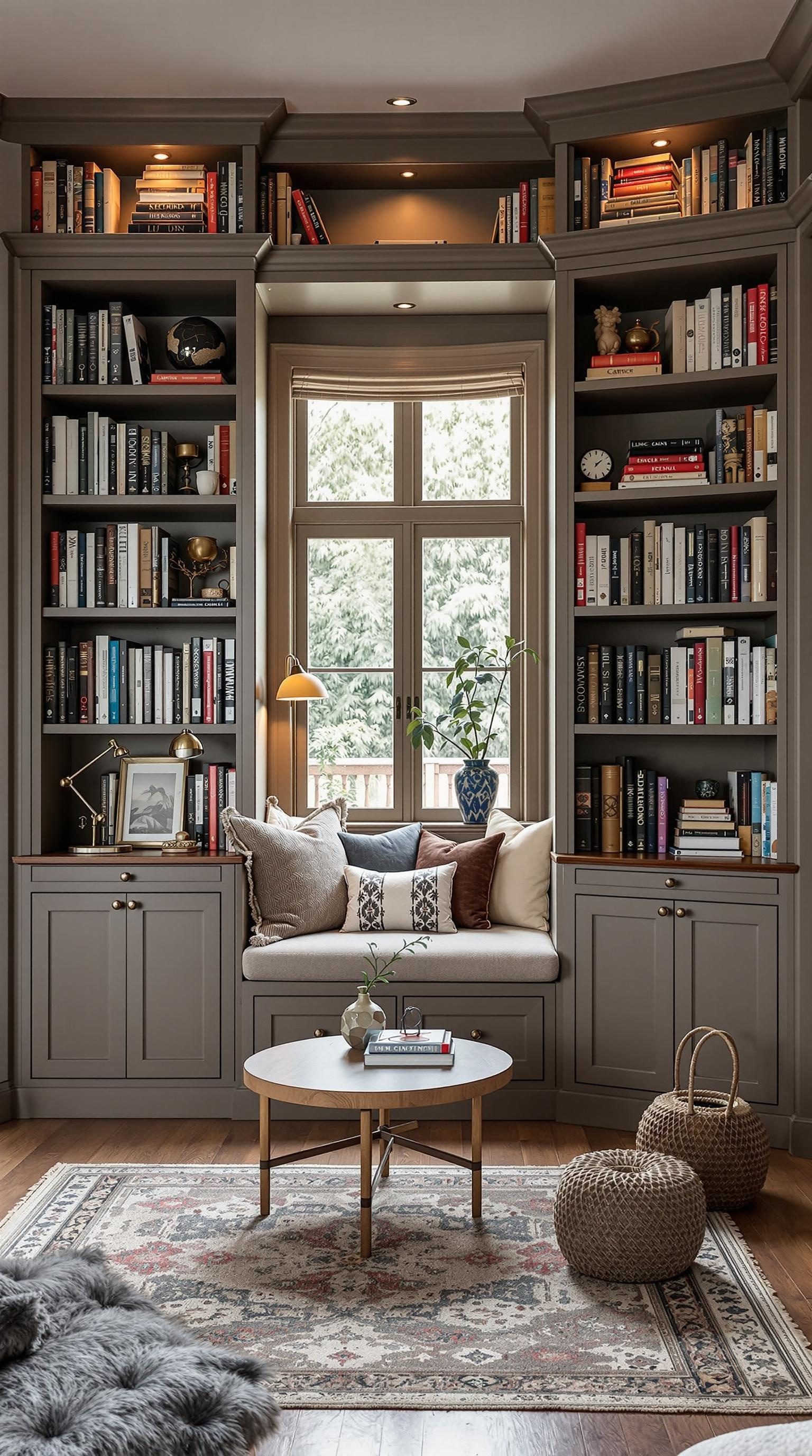 A sophisticated library nook featuring built-in shelves filled with books, a cozy reading area, and stylish decor.