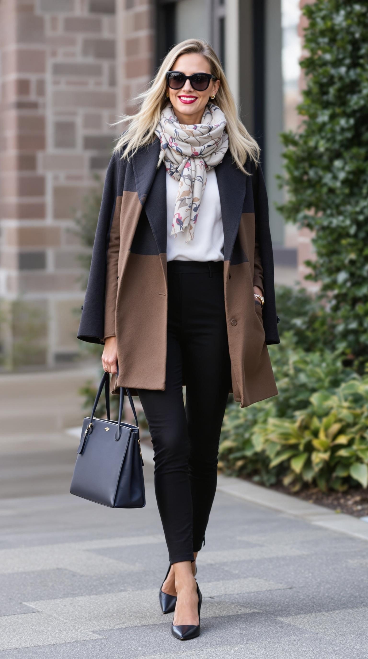 A woman in a sophisticated winter outfit, featuring a color-blocked coat, scarf, fitted pants, and heels.