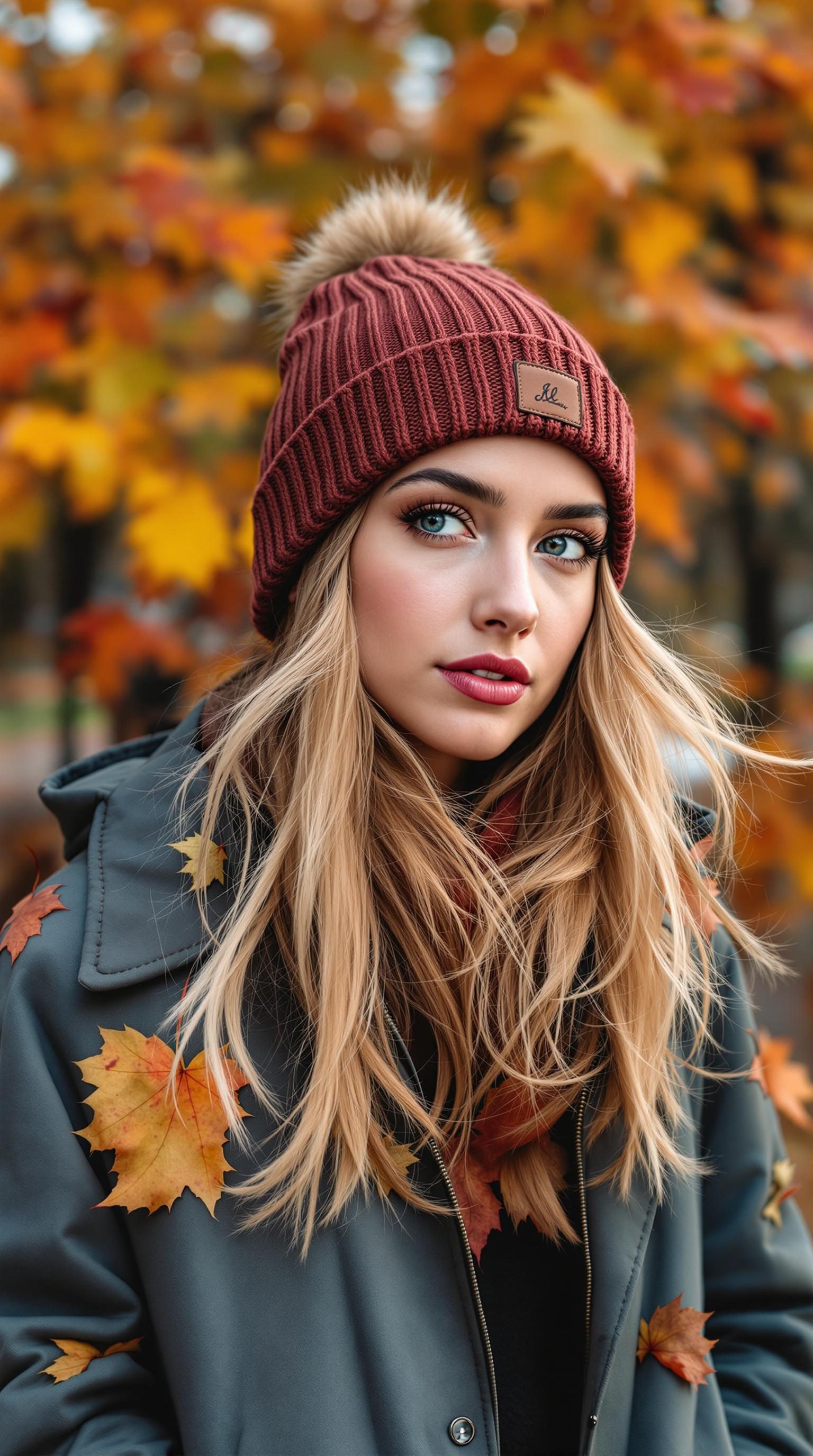 A woman wearing a maroon beanie with a stylish jacket, surrounded by autumn leaves.