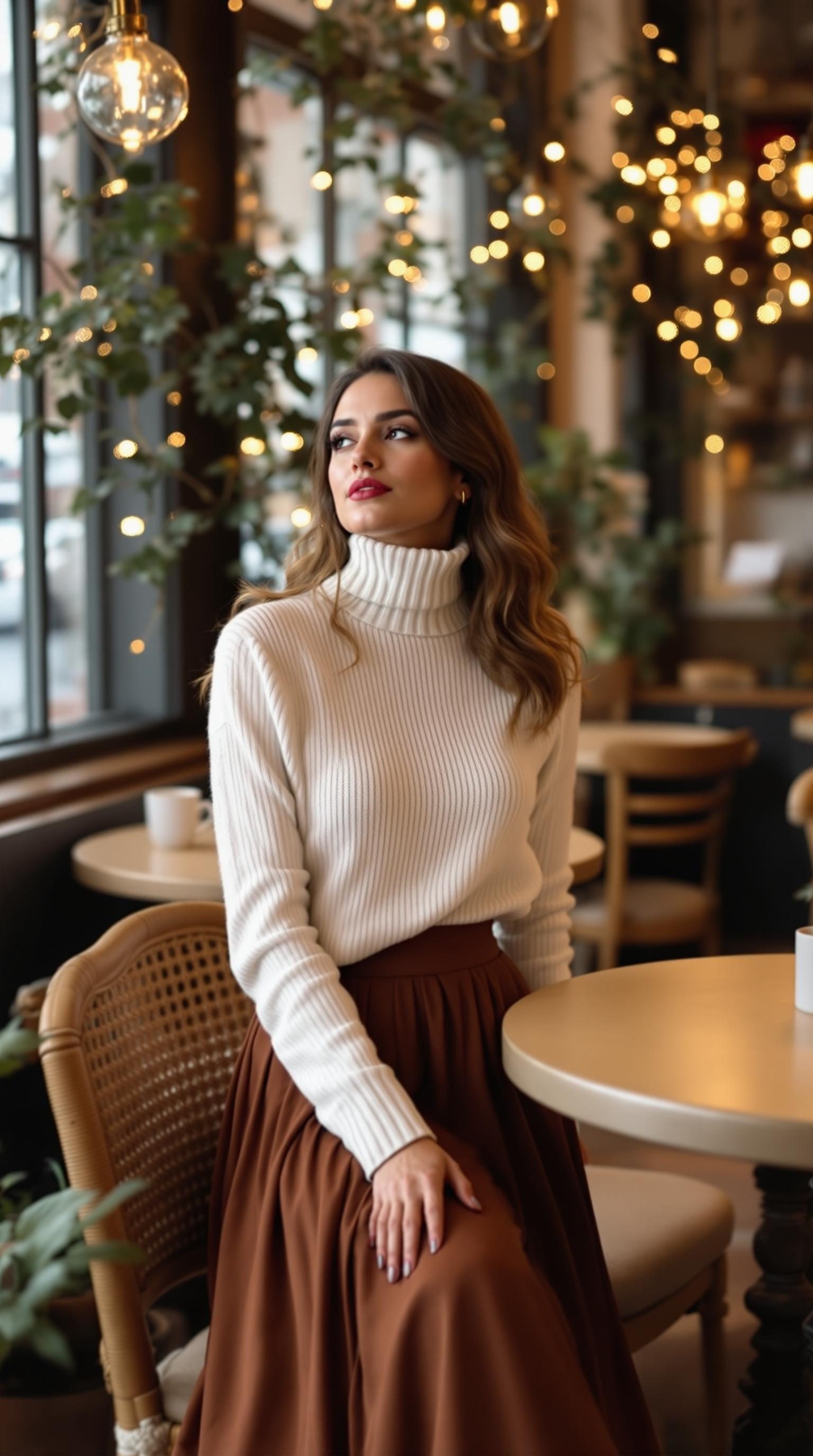 A woman in a turtleneck sweater and midi skirt sitting in a cozy café.