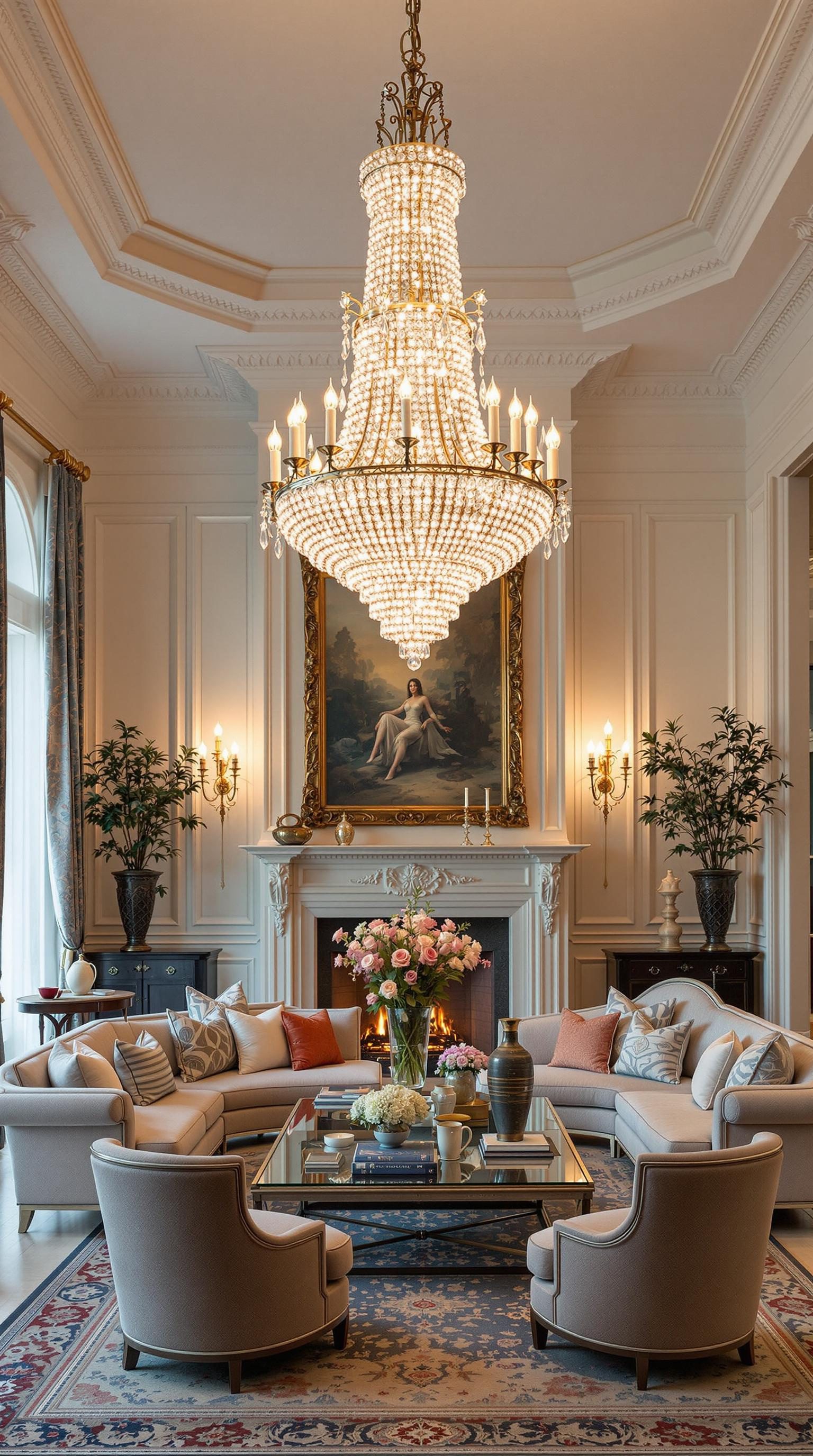 A beautifully designed living room featuring a large crystal chandelier, elegant furniture, and tasteful decor.