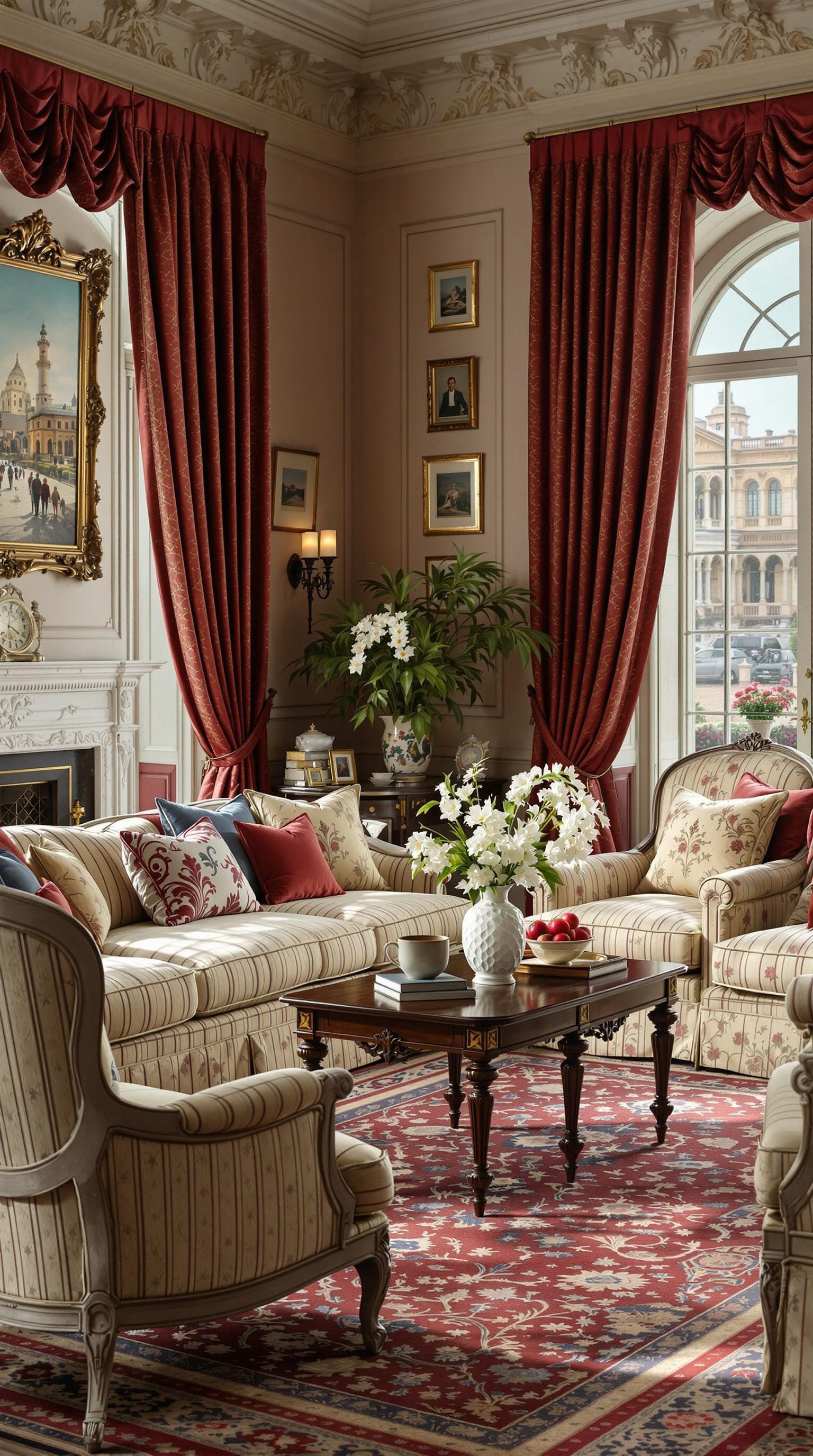 Elegant living room with antique furniture, floral accents, and rich curtains.