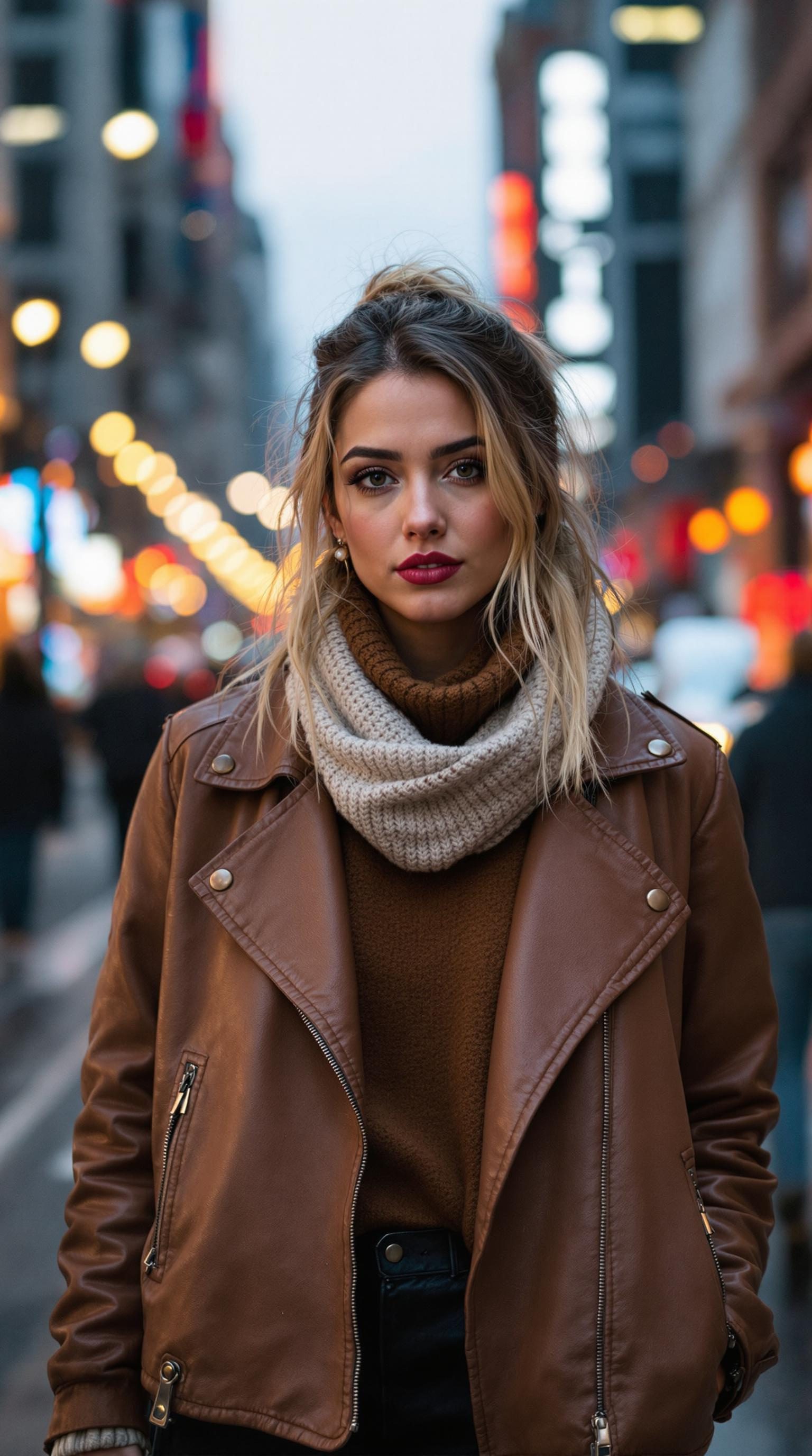 A woman wearing a brown leather jacket with a knitted scarf in a city street setting.