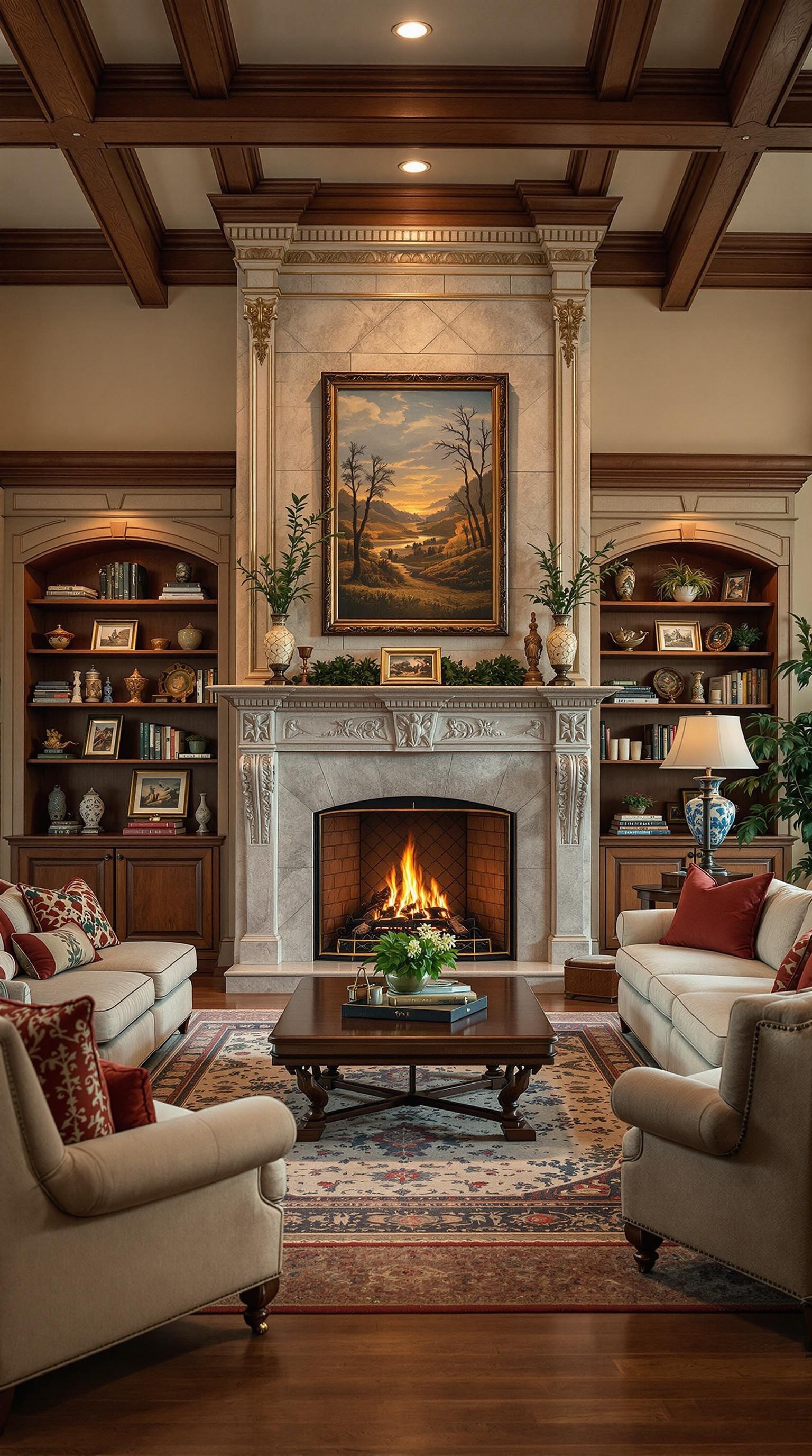 A luxurious living room featuring a traditional fireplace, comfortable seating, and elegant decor.