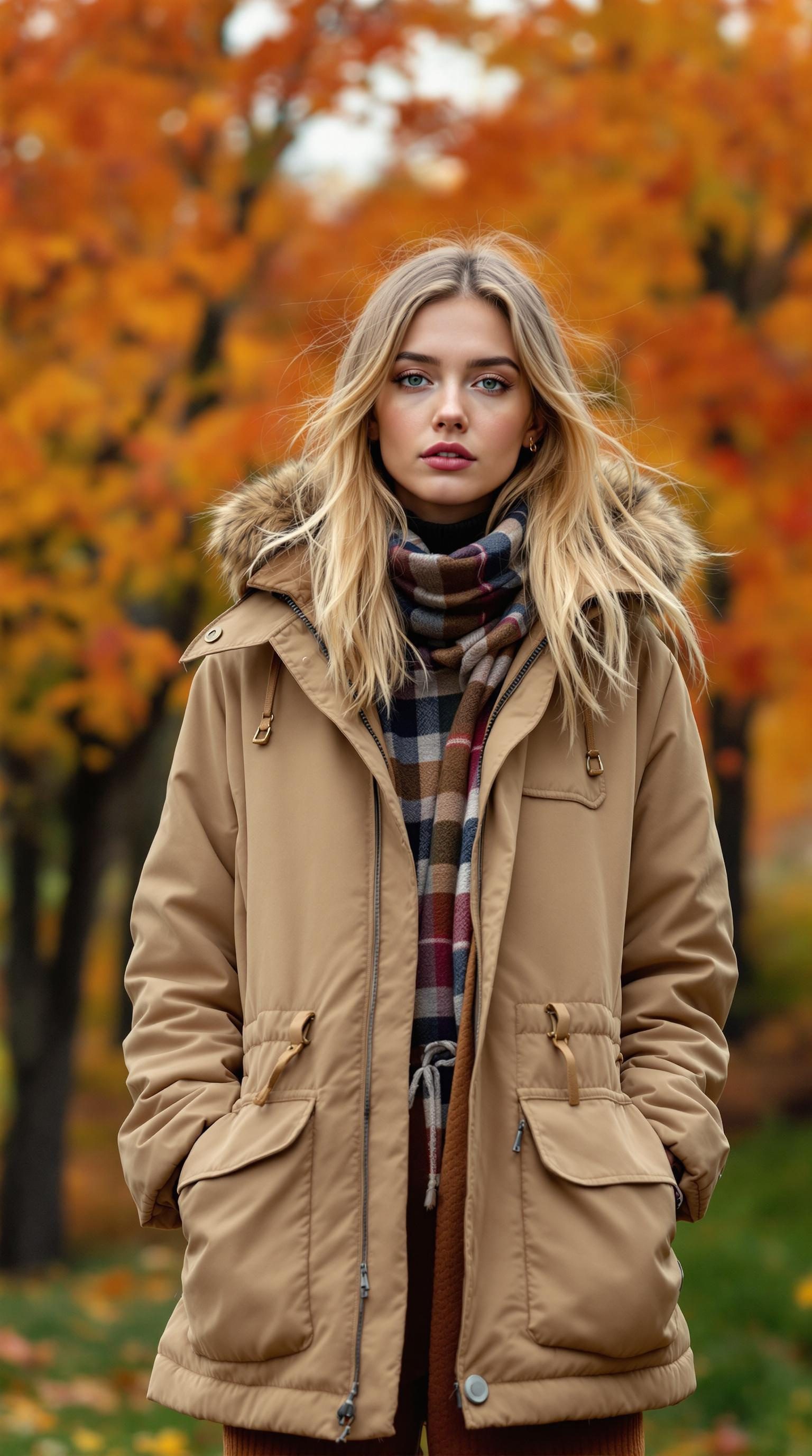 A model wearing a trendy beige anorak with a plaid scarf amidst autumn foliage