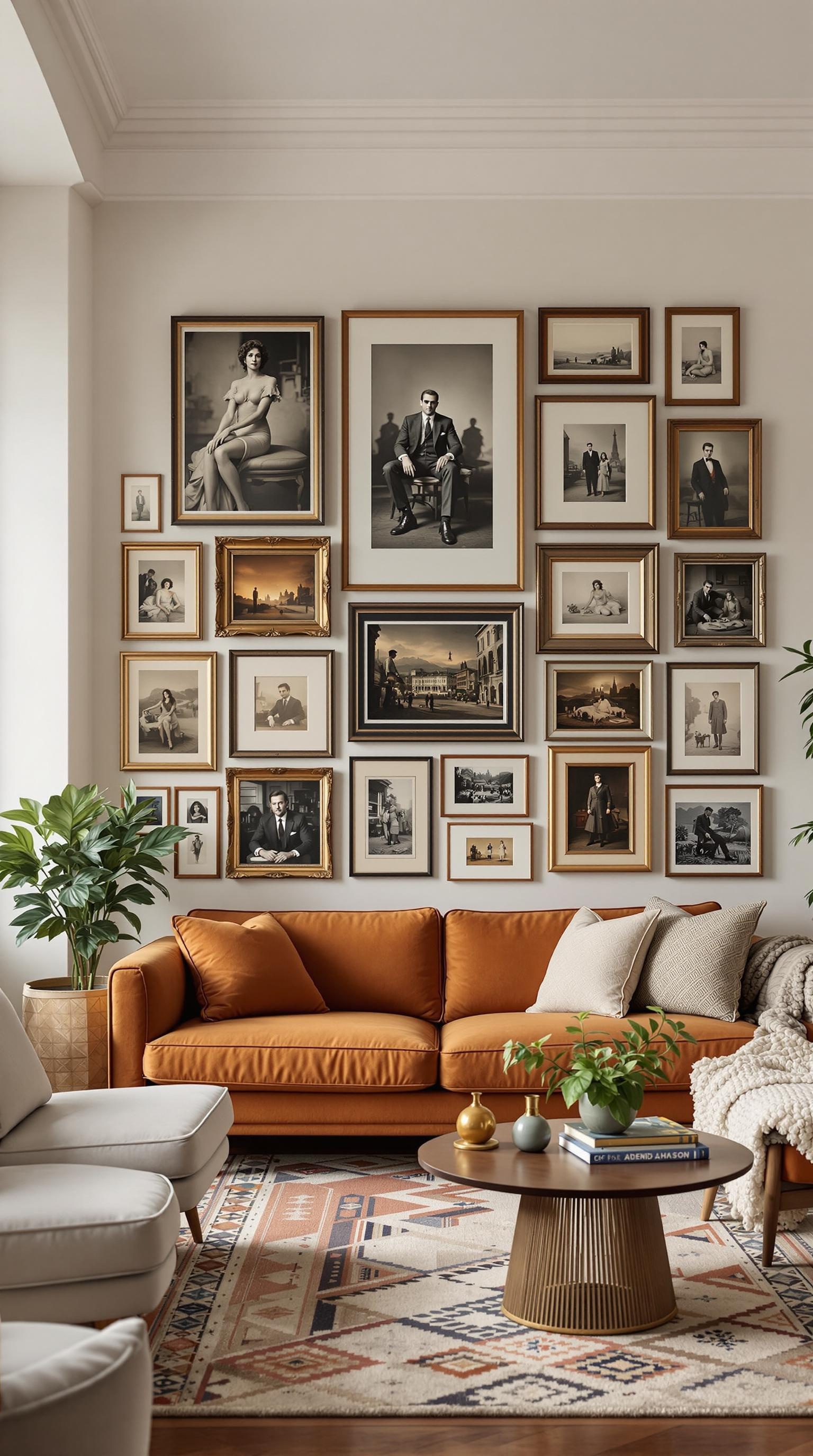 A cozy living room with a gallery wall featuring vintage photographs in various frames, a warm orange sofa, and a patterned rug.