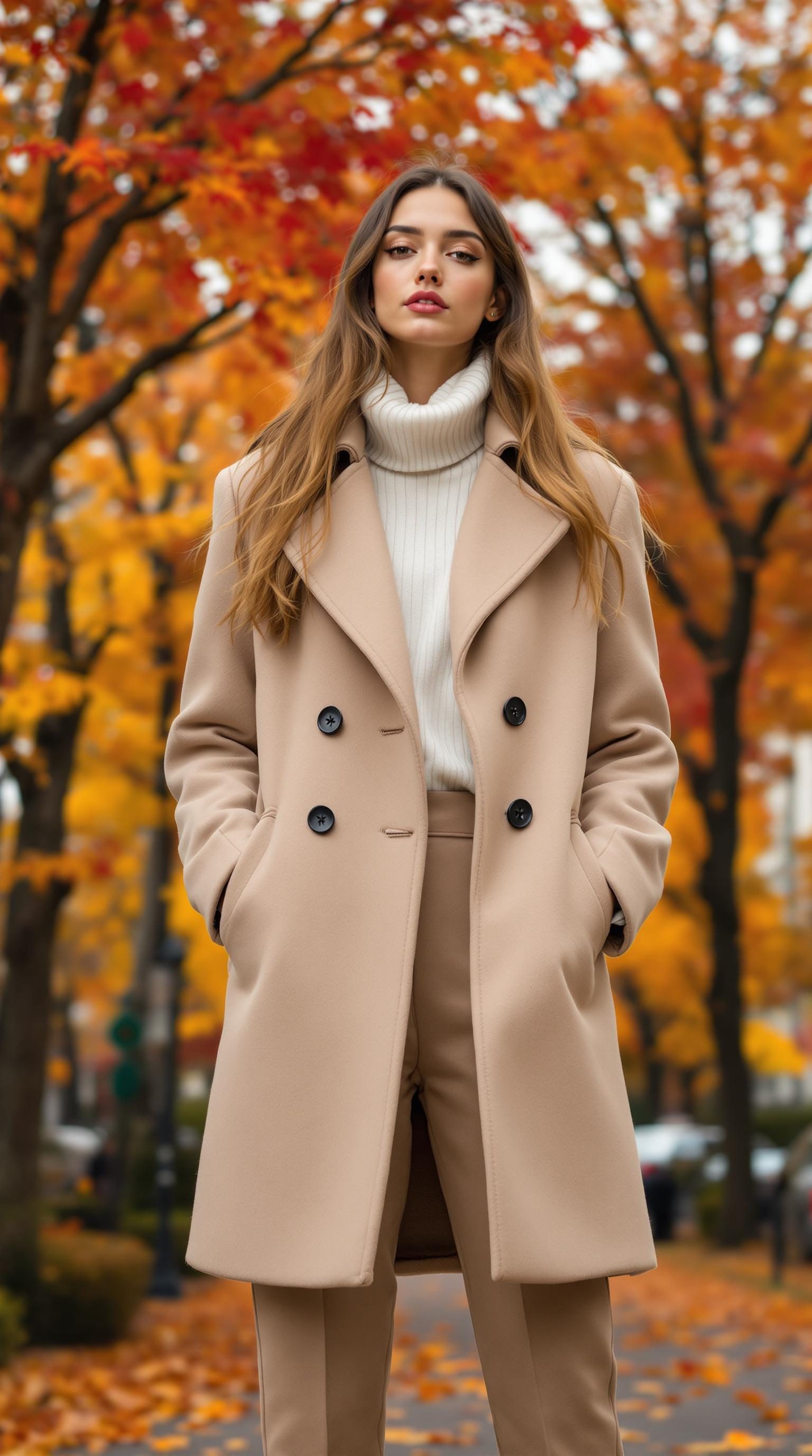 A woman in a beige wool coat and white turtleneck, standing amidst autumn leaves.