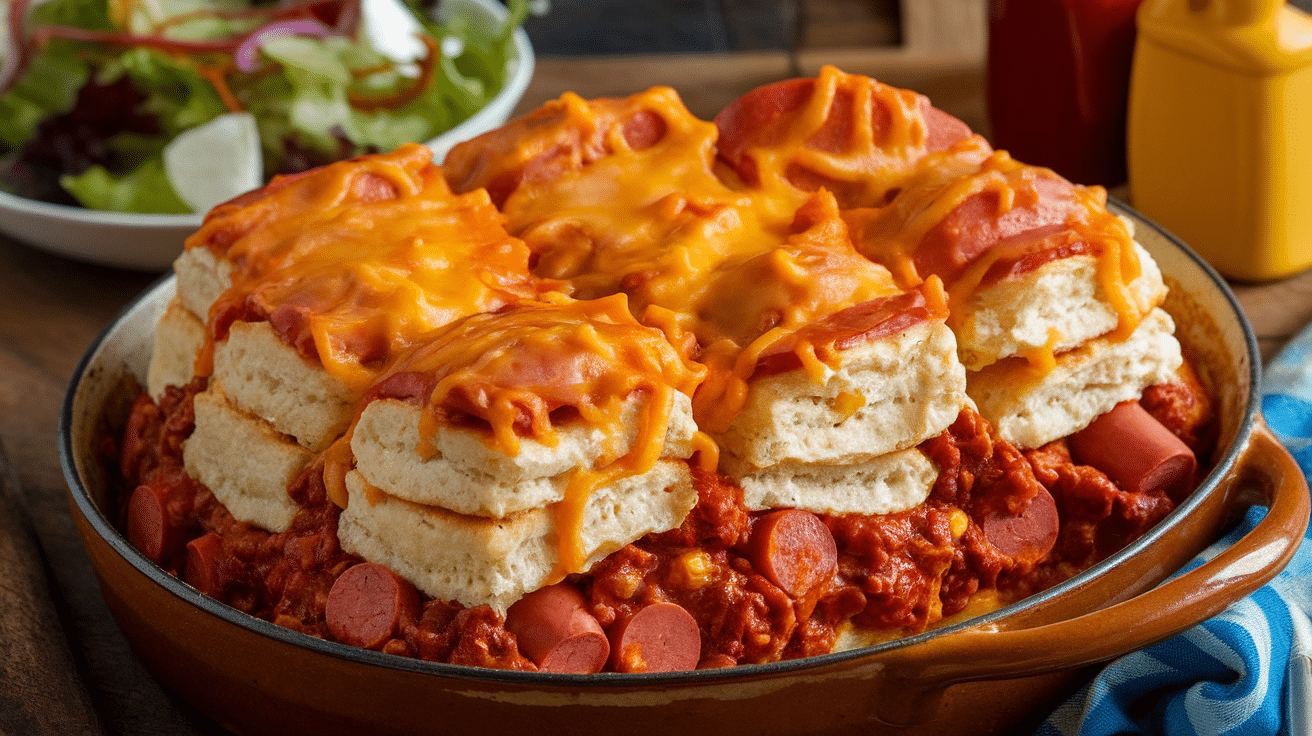 Cheesy Chili Dog Casserole Delight