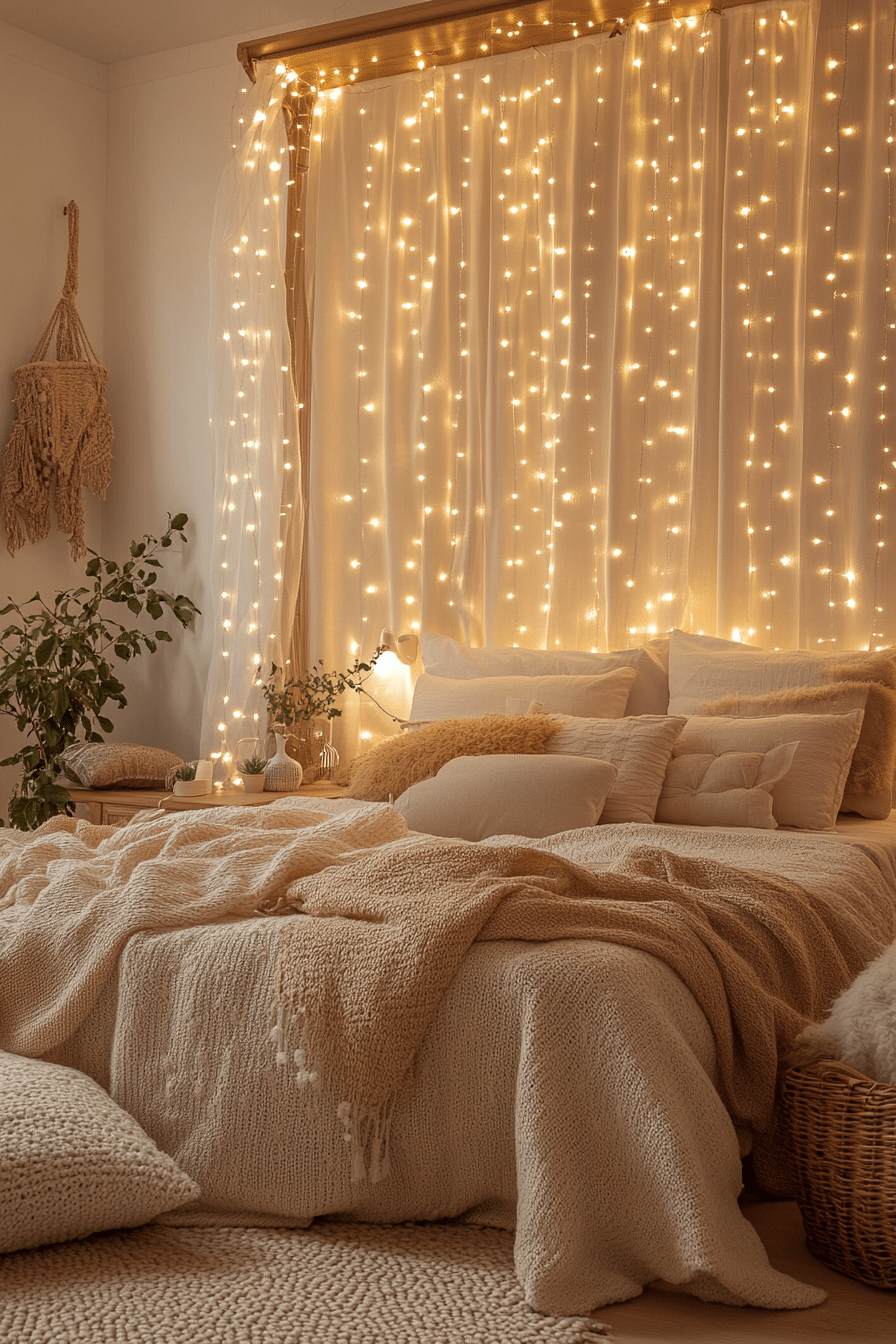 20 Boho Bedroom with Curtain Lights for a Stylish and Soothing Retreat