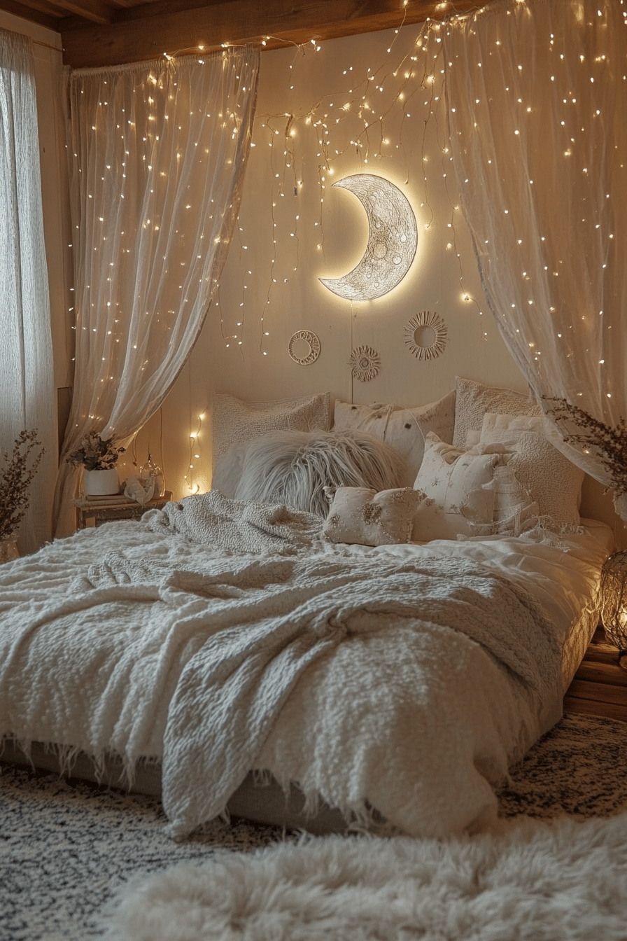 20 Boho Bedroom with Curtain Lights for a Stylish and Soothing Retreat