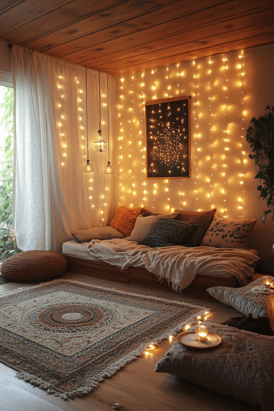 20 Boho Bedroom with Curtain Lights for a Stylish and Soothing Retreat