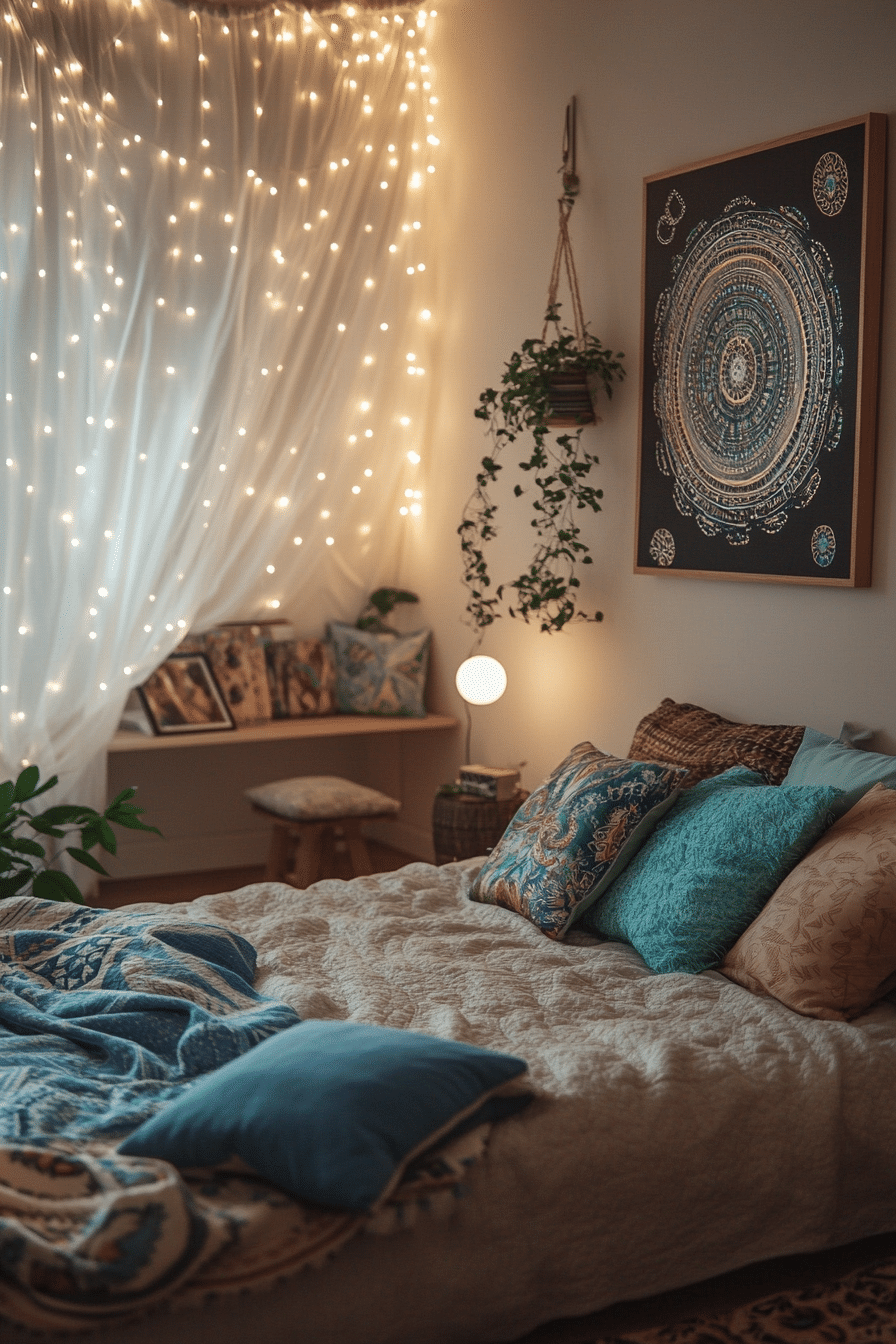 20 Boho Bedroom with Curtain Lights for a Stylish and Soothing Retreat