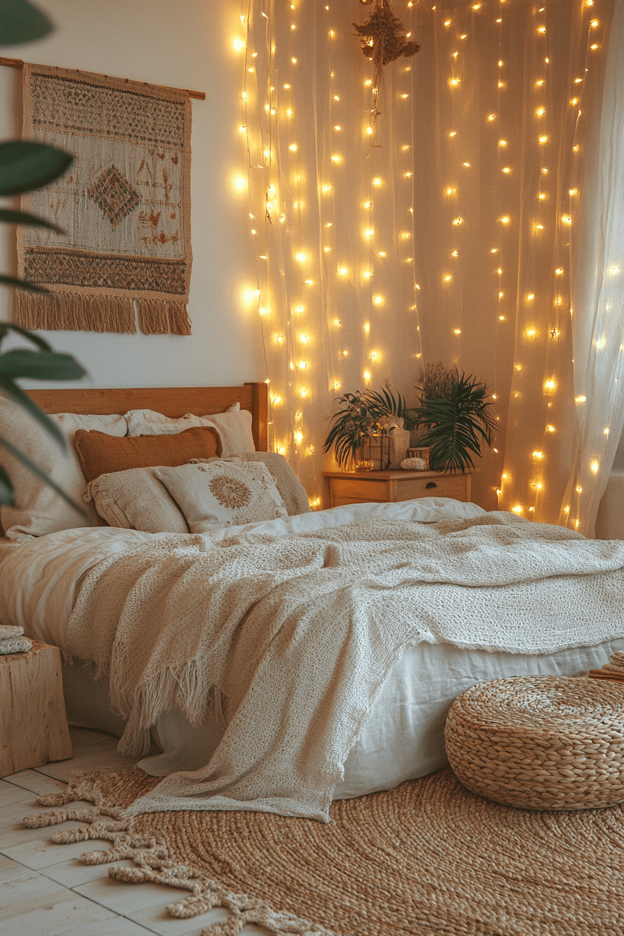 20 Boho Bedroom with Curtain Lights for a Stylish and Soothing Retreat