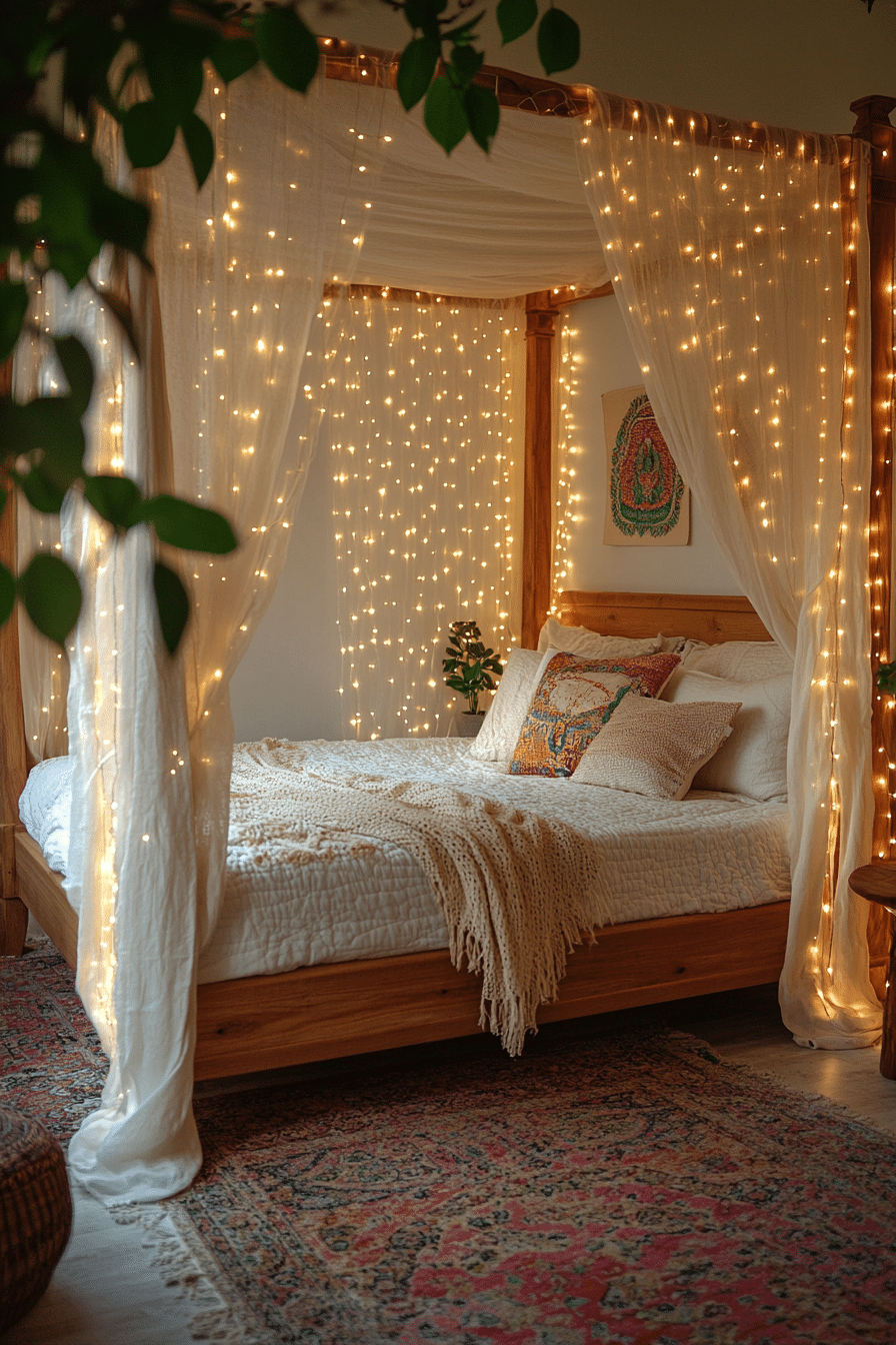 20 Boho Bedroom with Curtain Lights for a Stylish and Soothing Retreat