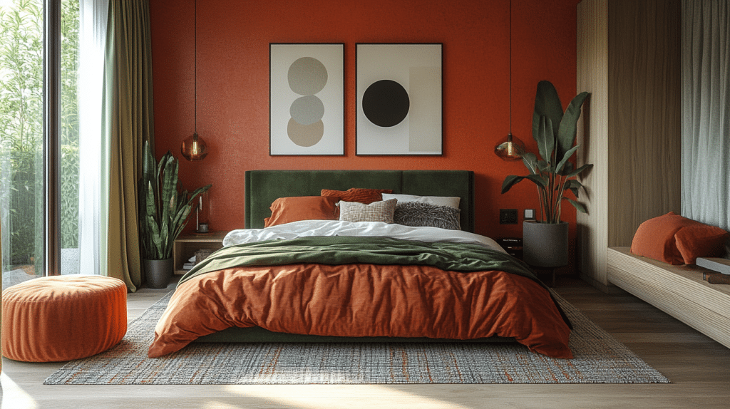 green and terracotta bedroom