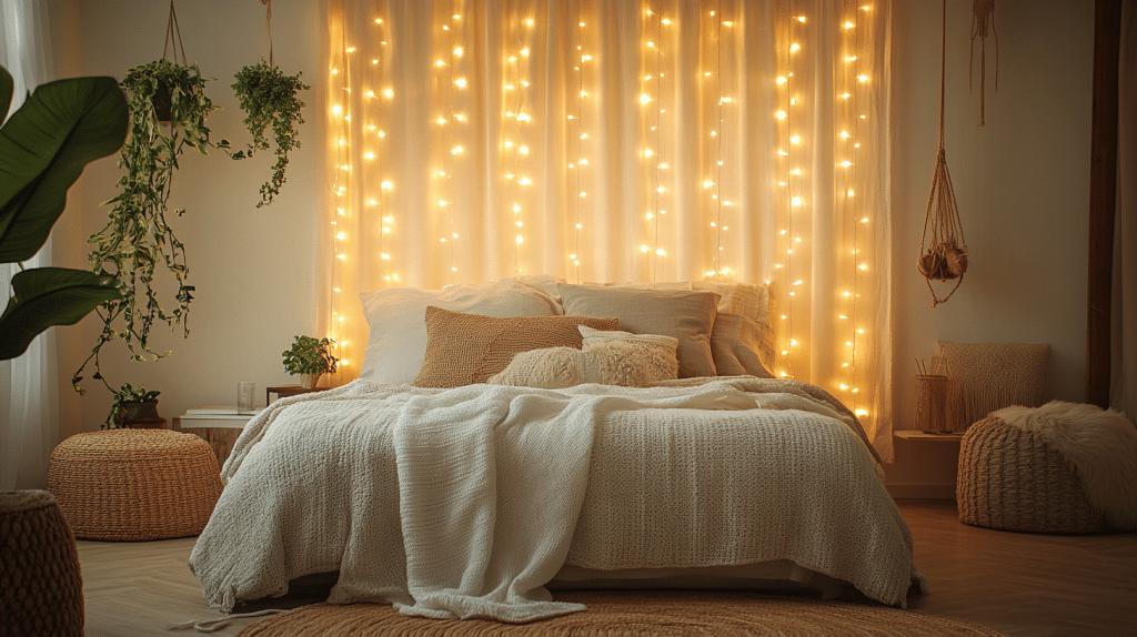 boho bedroom with curtain lights