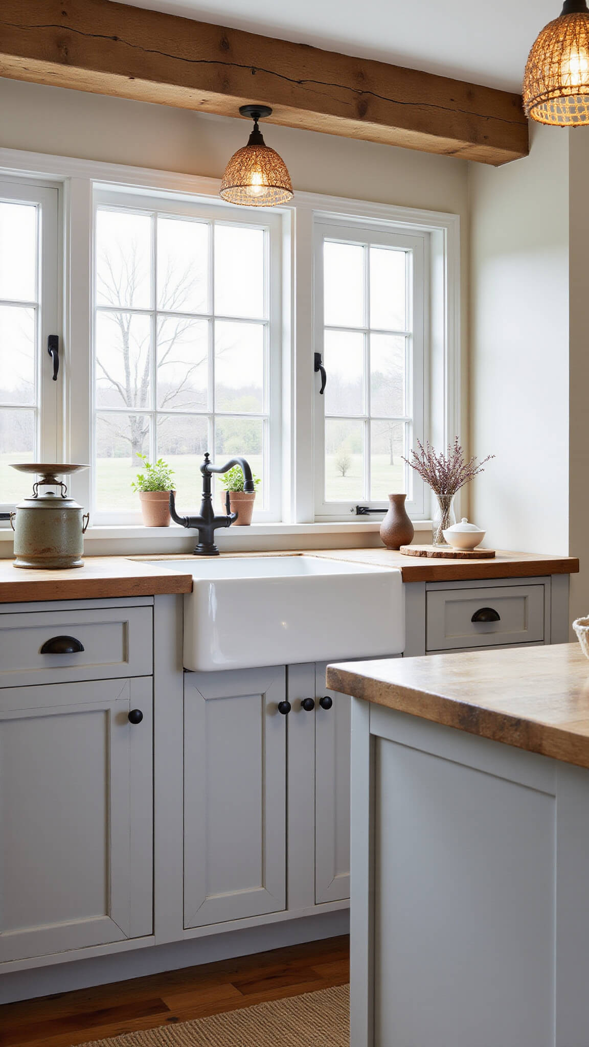 Farmhouse-modern kitchen with light gray beadboard cabinets, butcher block island, exposed beams, and apron sink beneath large window, styled with vintage decor and warm woven pendant lighting.