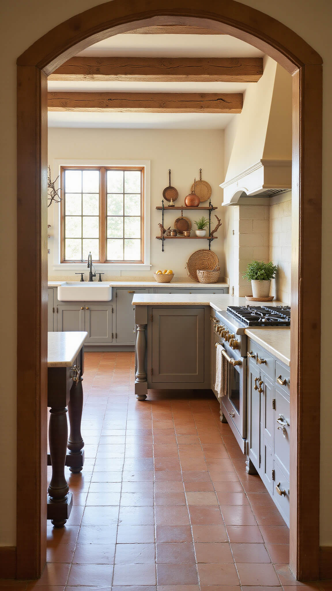 Mediterranean fusion kitchen with terra cotta tile floor, cream stone counters, light gray cabinets, dark wood island, and copper pots glowing in late morning sunlight through arched doorway.