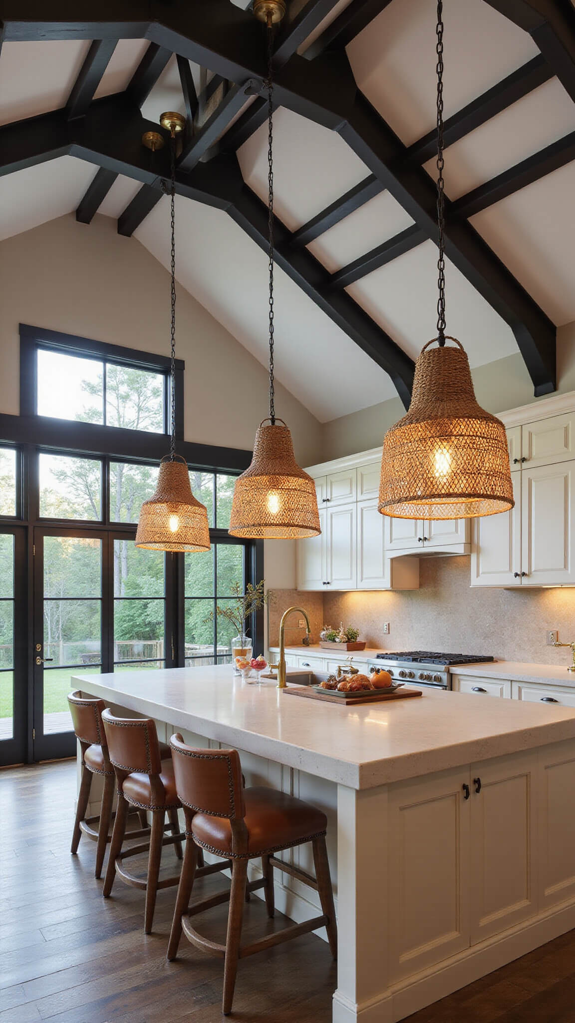 Dusk view of L-shaped barndominium kitchen with vaulted ceilings, creamy shaker cabinets, soapstone counters, black metal trusses, butcher block island, vintage leather stools, and forest-facing steel windows.