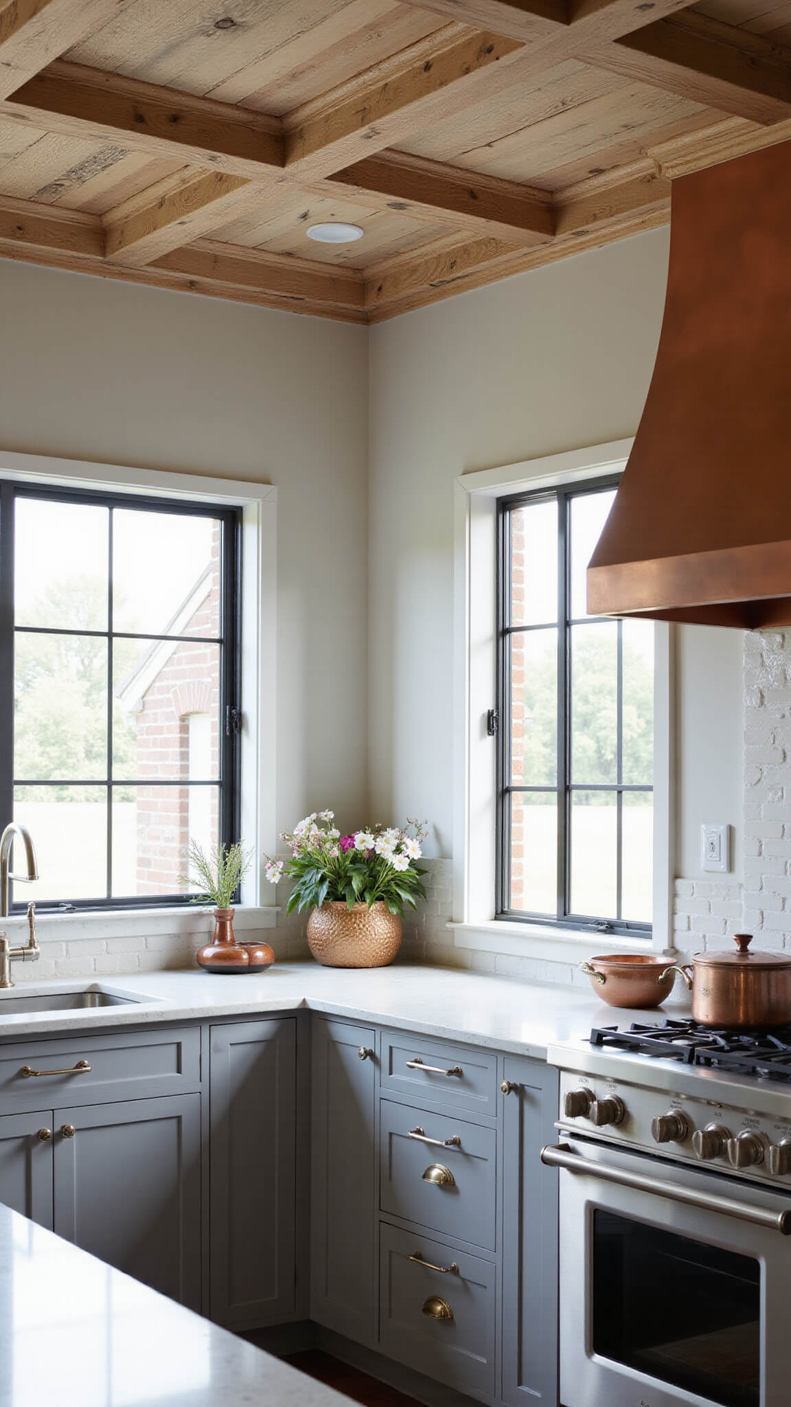 Corner view of a 16x24ft kitchen with coffered reclaimed barnwood ceiling, dove gray cabinets, honed granite countertops, custom copper range hood, handmade white ceramic tile backsplash, black steel-framed windows, and vintage copper cookware.