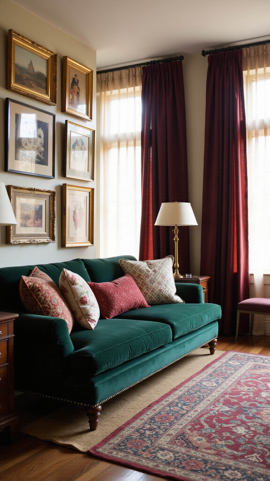 Sunlit 14x16ft living room with emerald velvet sofa, mismatched jewel-toned pillows, vintage Persian rug over jute, burgundy sheer curtains, brass floor lamps, and eclectic gallery wall in ornate gold frames.