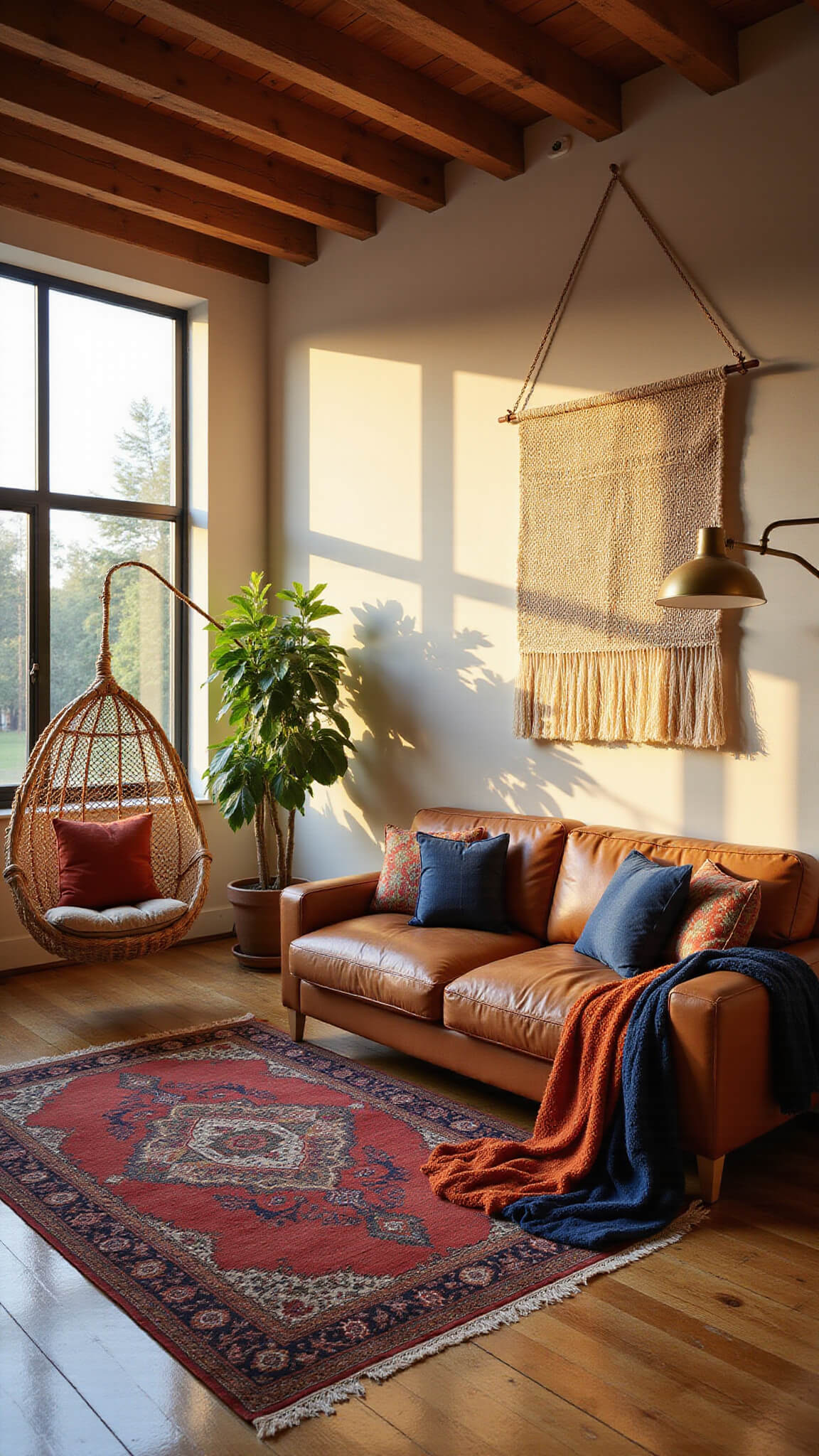 Sunlit living room with high ceilings, exposed wooden beams, and a cognac leather sofa accented by Moroccan textiles, Persian rugs, floor-to-ceiling windows, brass floor lamp, rattan hanging chair, and lush pothos plants.
